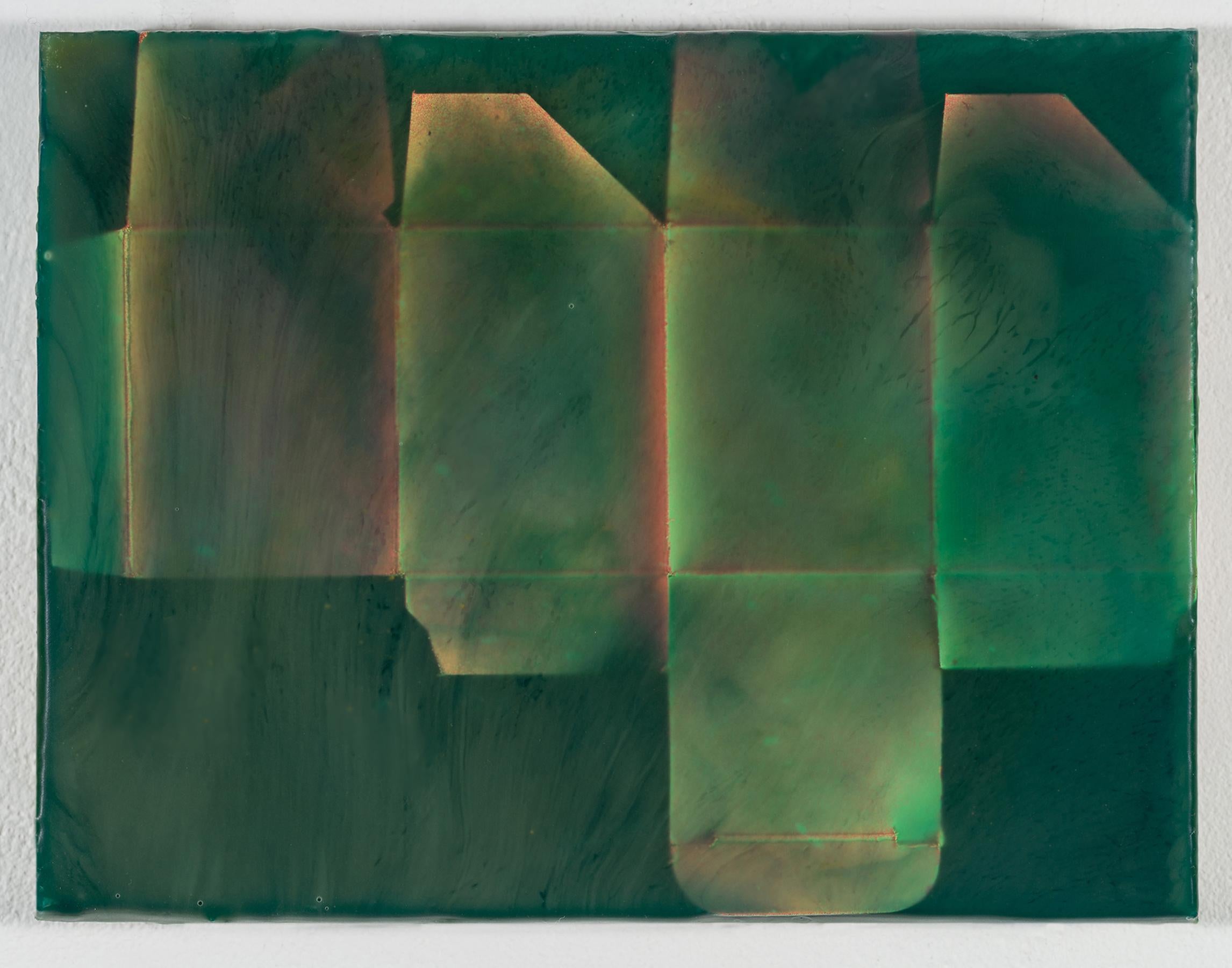 "Best Buy Vasos para hornear pequeños" Pintura mural abstracta geométrica de cera fundida, en verde - Mixed Media Art de Joanne Ungar