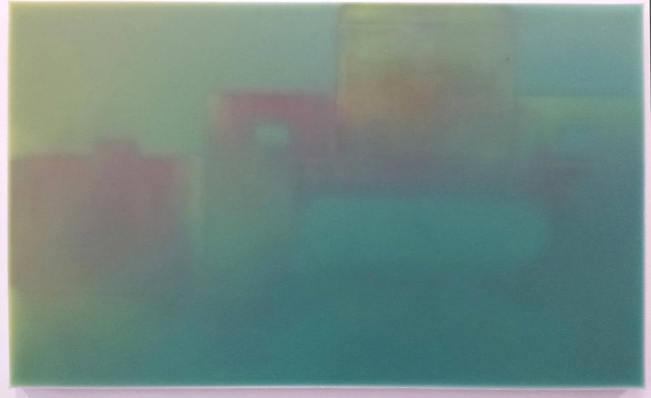 "Ikea Alang" Peinture abstraite géométrique à l'encaustique en aqua, bleu, vert jaune