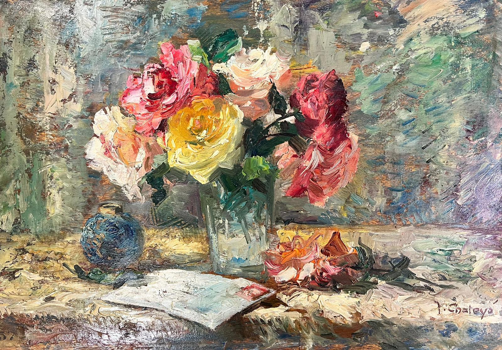 1930’s French Impressionist Still Life Roses in glass Vase, signed oil - Painting by Joannes Chaleye