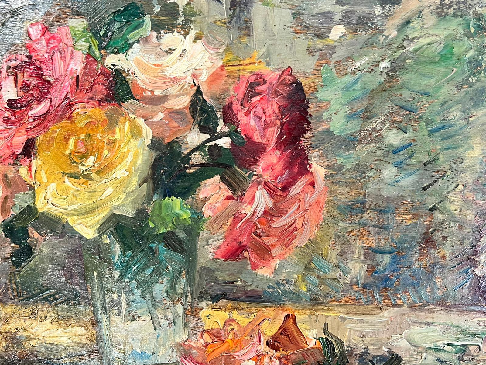 1930er Jahre Französisch Impressionist Stillleben Rosen in Glasvase, signiert Öl (Impressionismus), Painting, von Joannes Chaleye