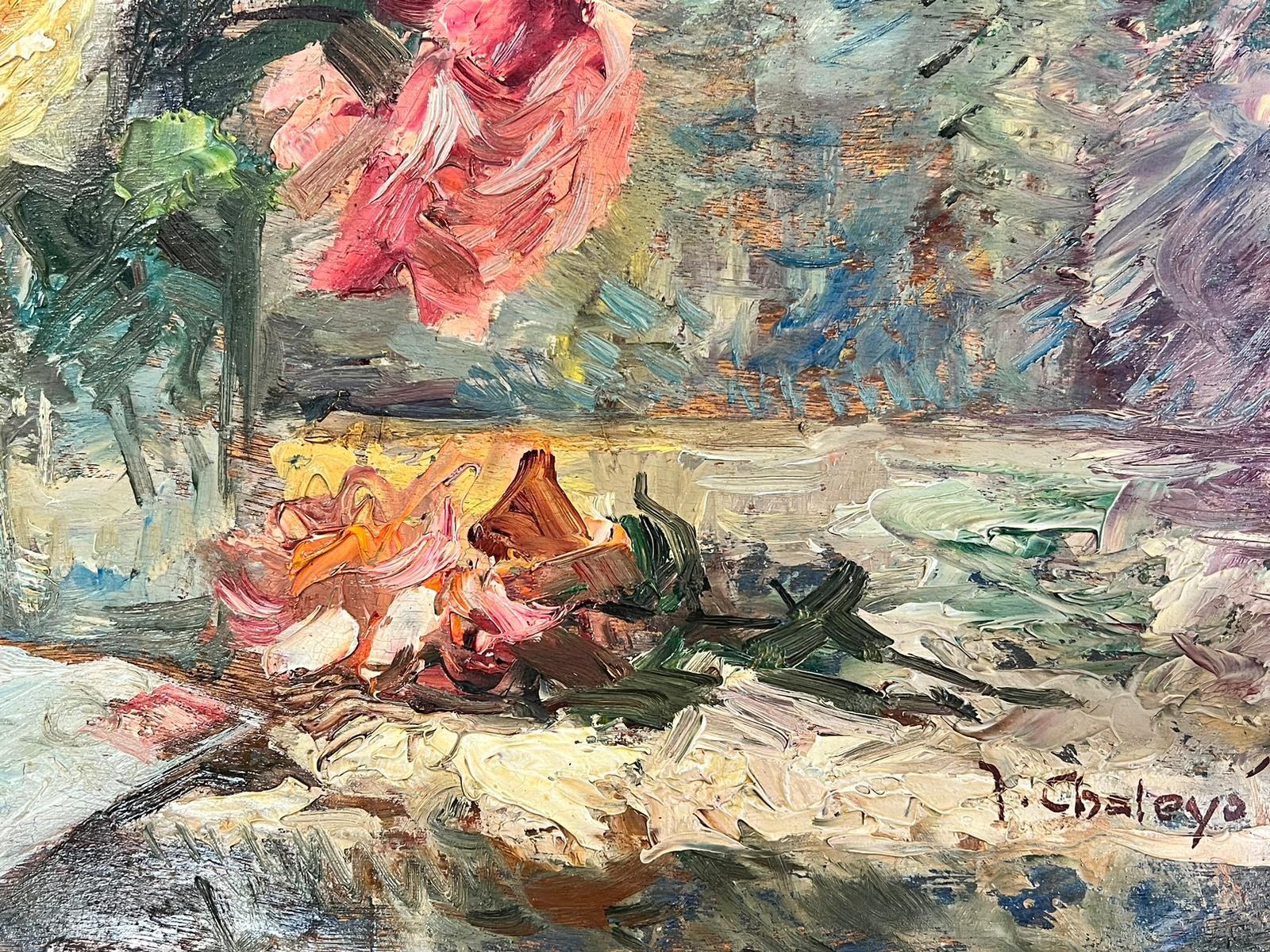 1930er Jahre Französisch Impressionist Stillleben Rosen in Glasvase, signiert Öl im Angebot 2