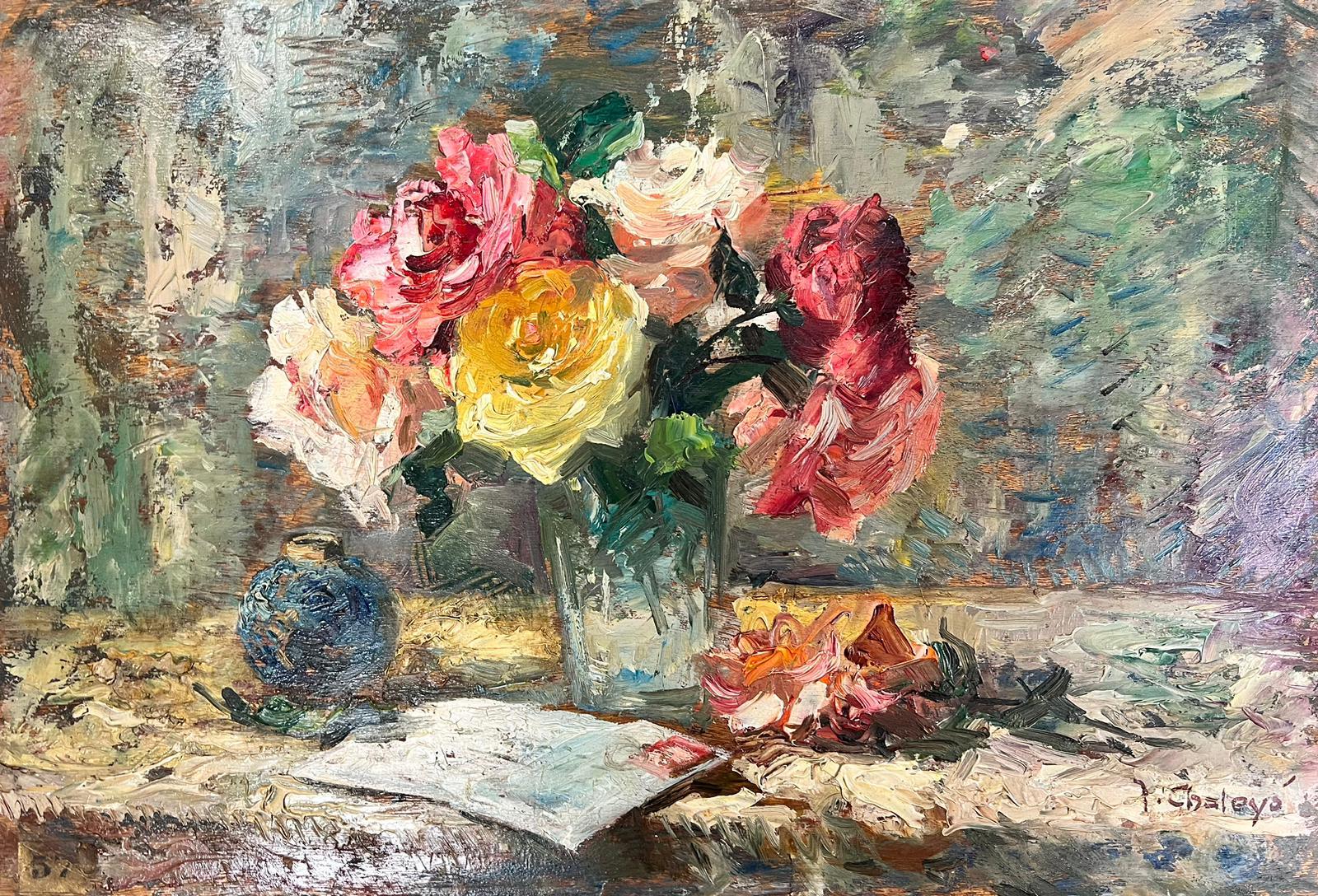 Joannes Chaleye Still-Life Painting - 1930’s French Impressionist Still Life Roses in glass Vase, signed oil