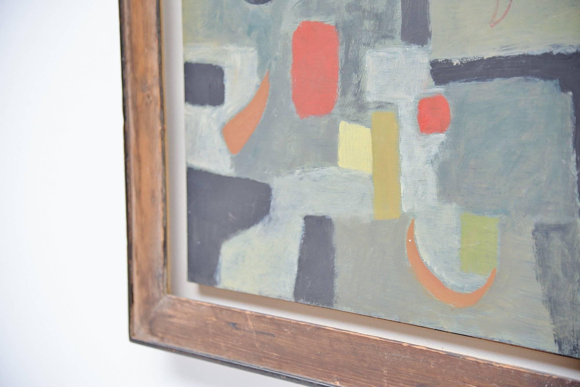 Beautiful abstract geometric untitled painting by Joao Perez, Mexico 1955. This painting is typical 1950s paintwork, sober colors, geometric figures and the original framework. Very nice and highly decorative painting from the good era. Fully
