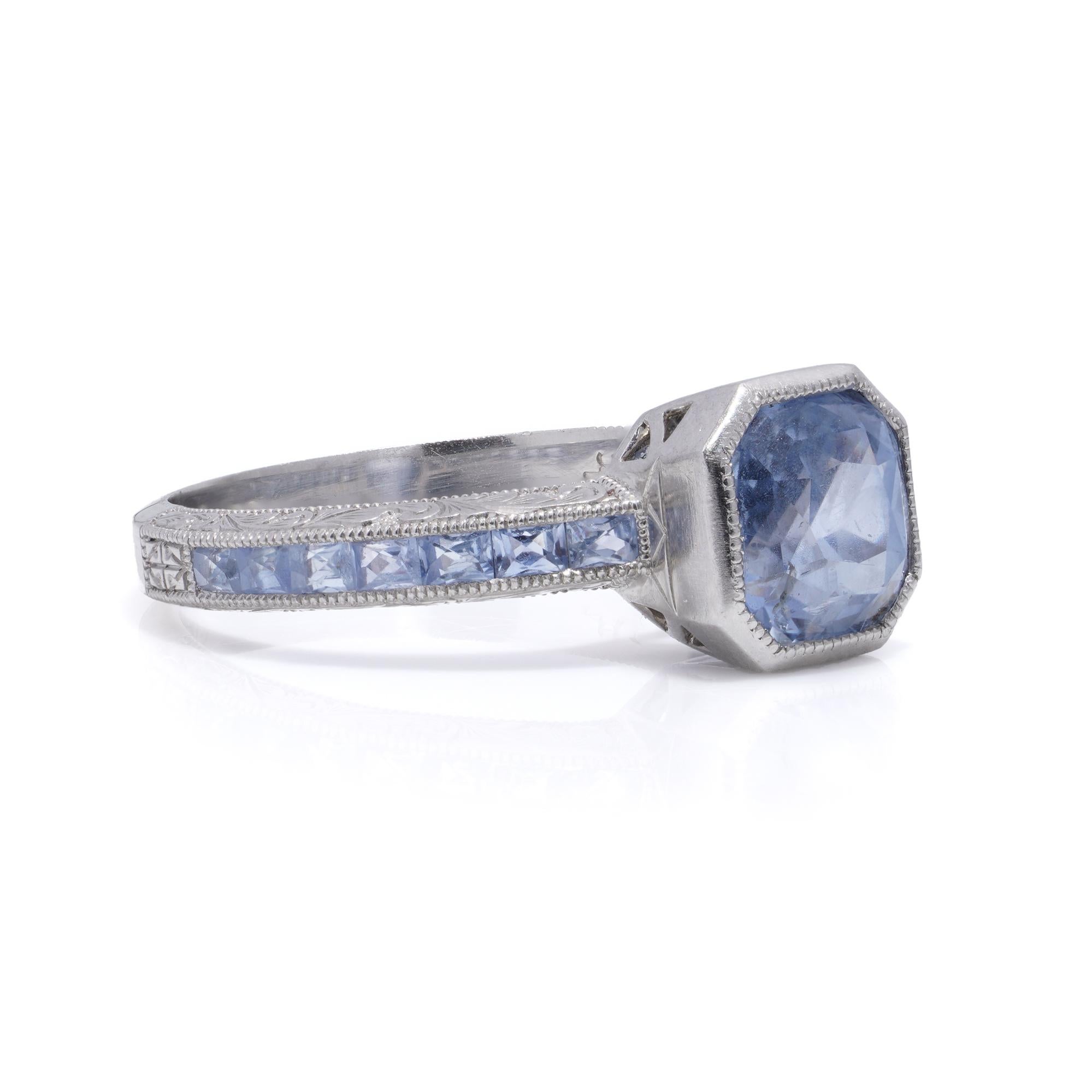 Octagon Cut JoAq 850 Platinum Art Deco-inspired Sapphire ring For Sale