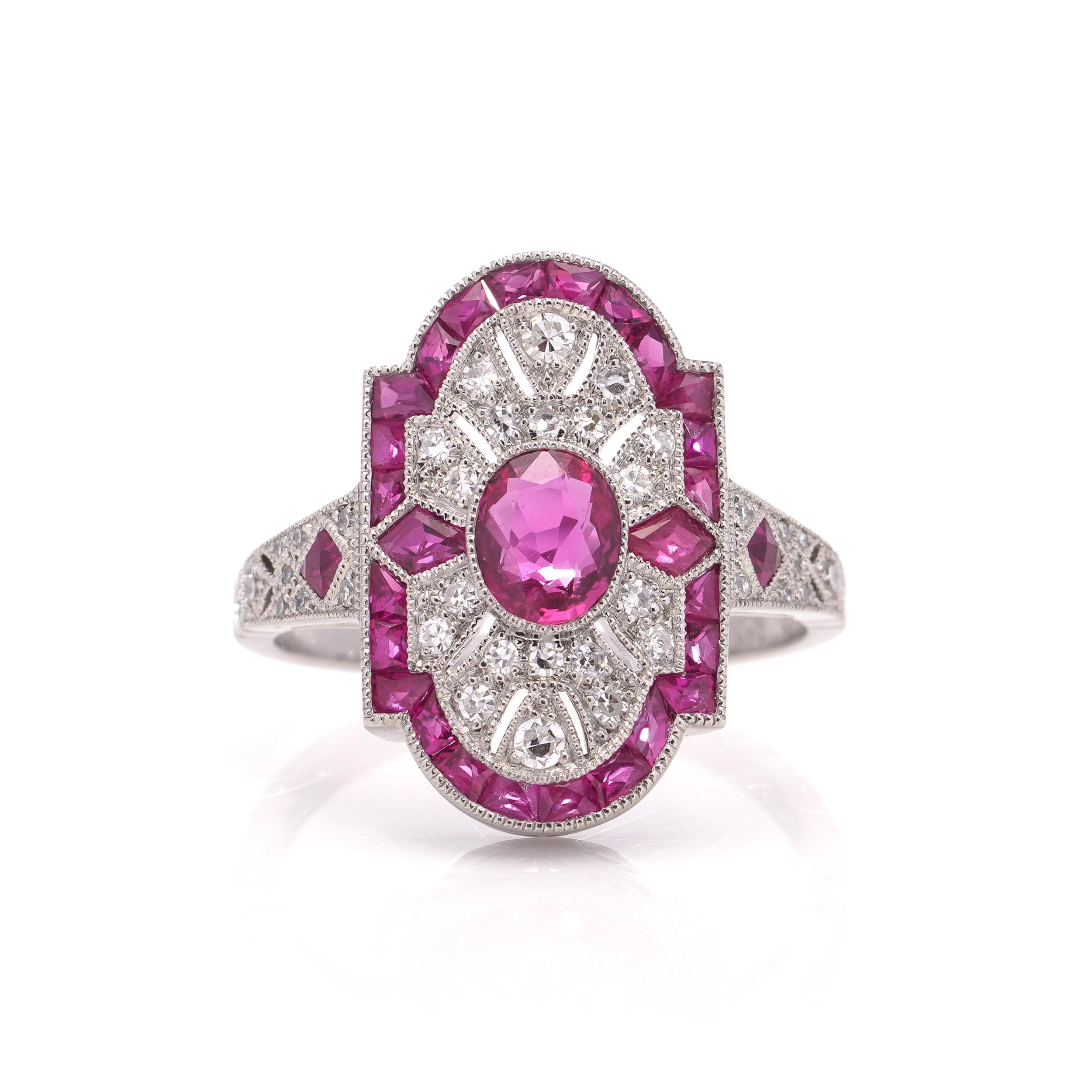 JoAq Platinum Art Deco-inspired ruby cluster ring with diamonds  In Good Condition For Sale In Braintree, GB