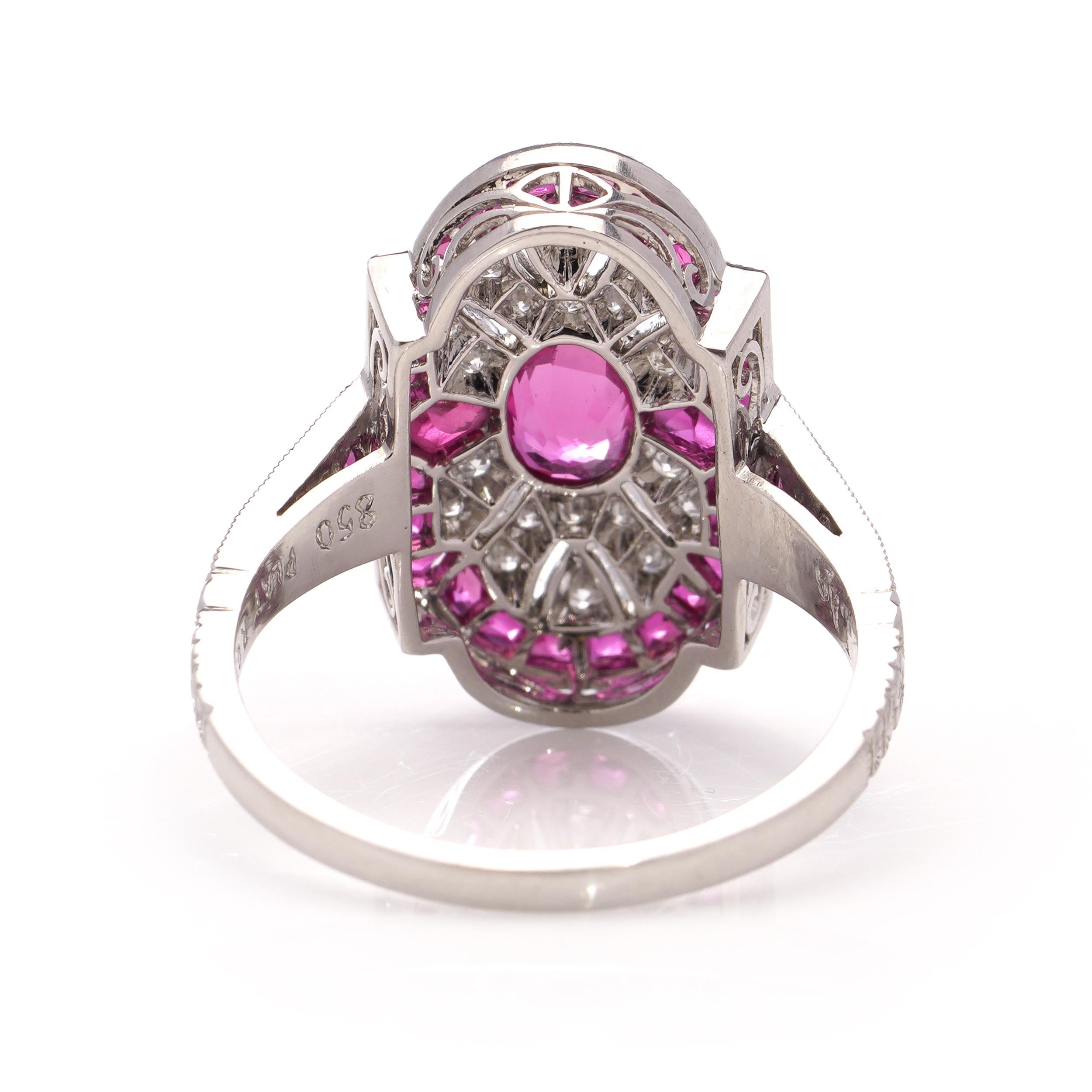 Women's JoAq Platinum Art Deco-inspired ruby cluster ring with diamonds  For Sale