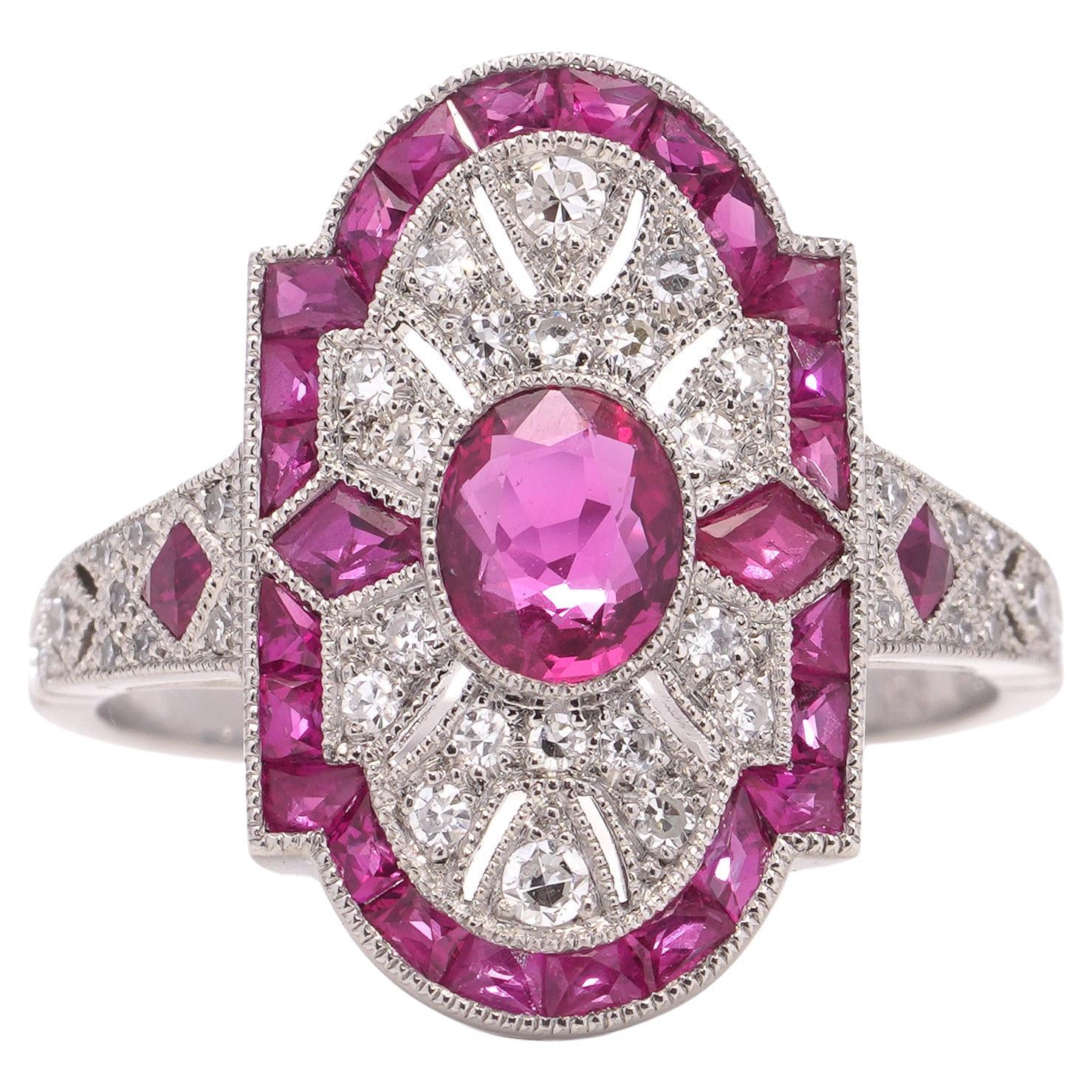 JoAq Platinum Art Deco-inspired ruby cluster ring with diamonds  For Sale