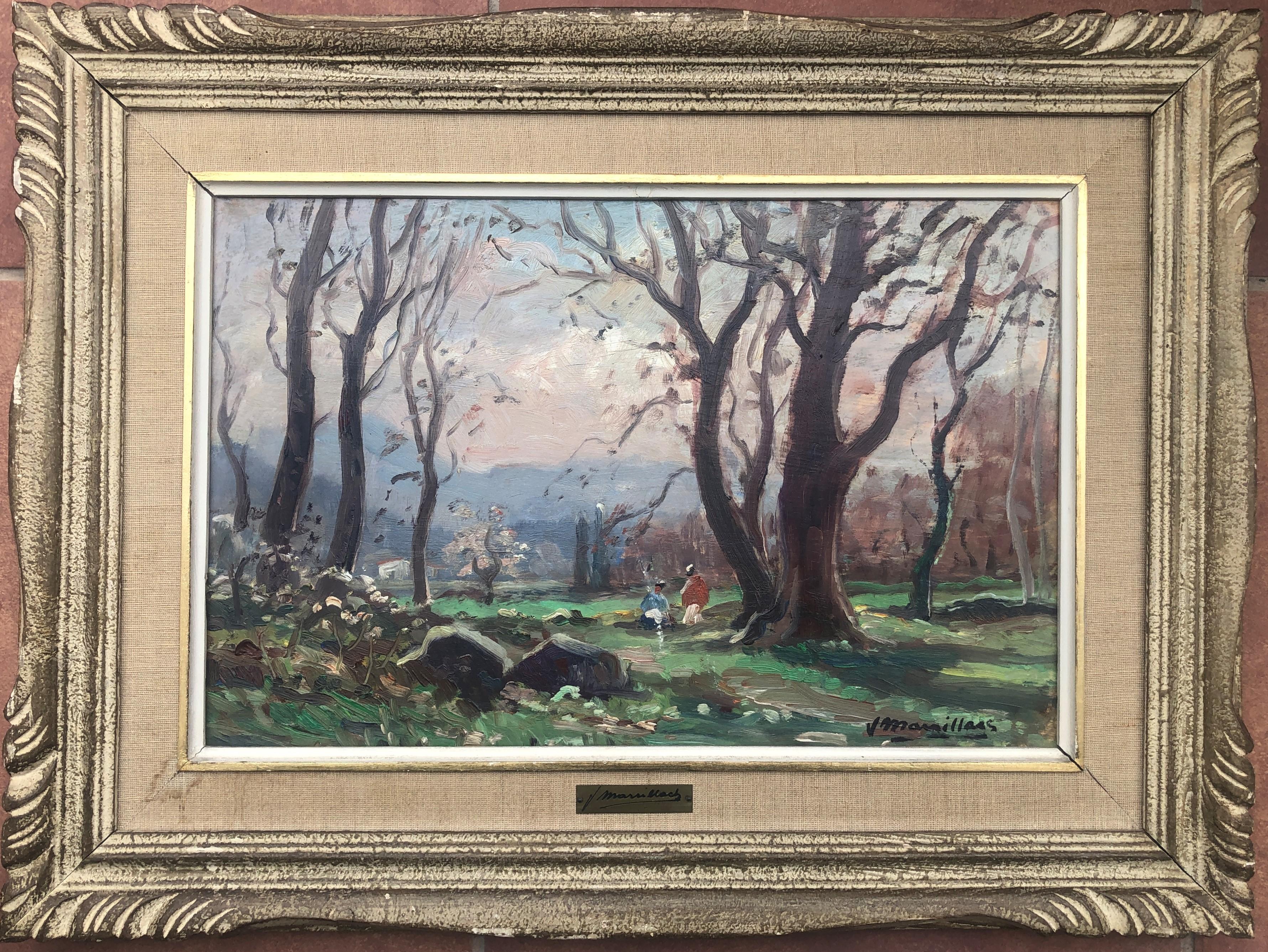 Landscape with characters spanish original oil on board painting - Painting by Joaquim Marsillach i Codony