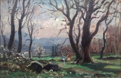 Landscape with characters spanish original oil on board painting