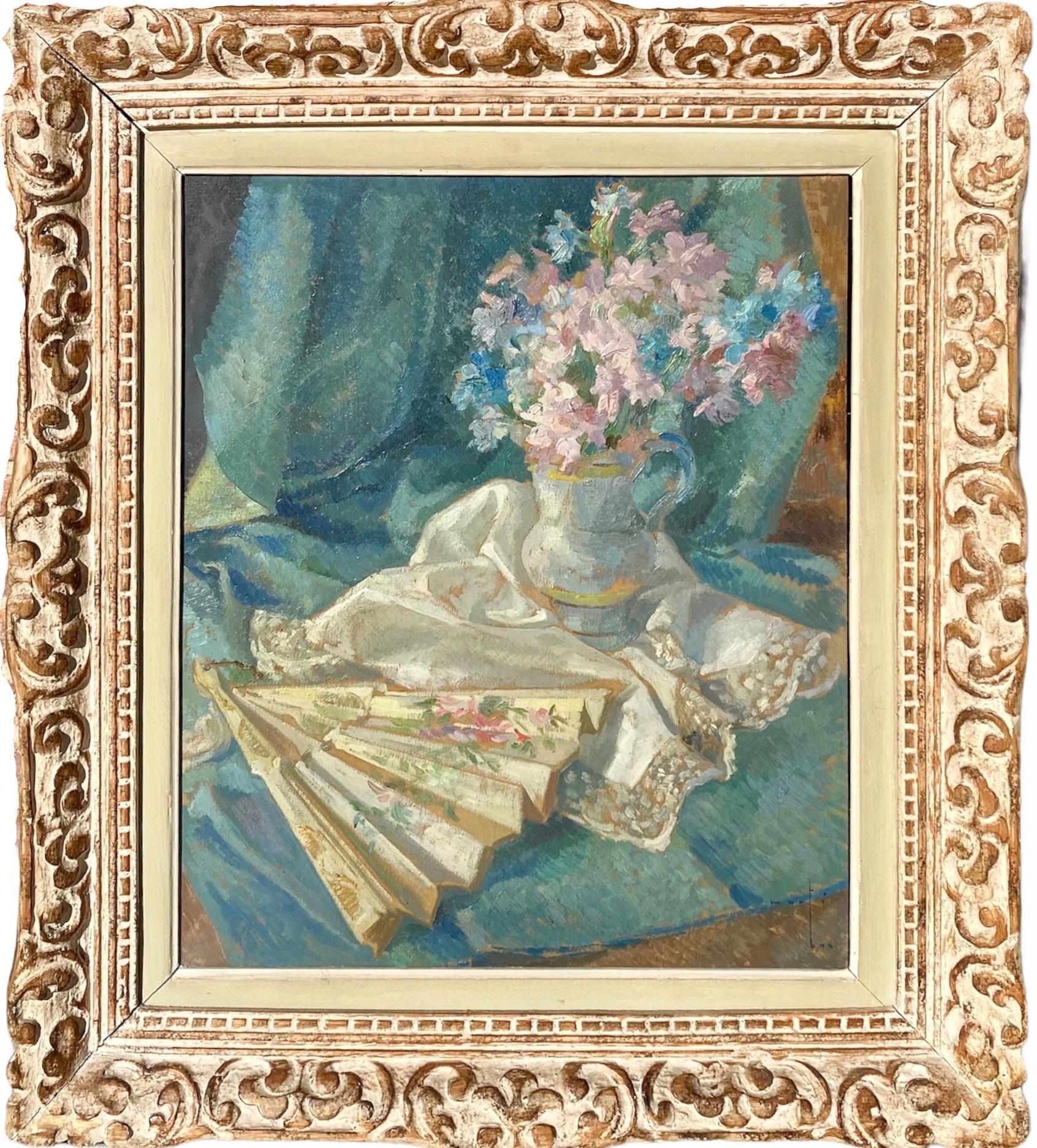 Joaquim Marti Bas Blasi Interior Painting - French impressionist painting - école de Paris - Floral Still Life with fan