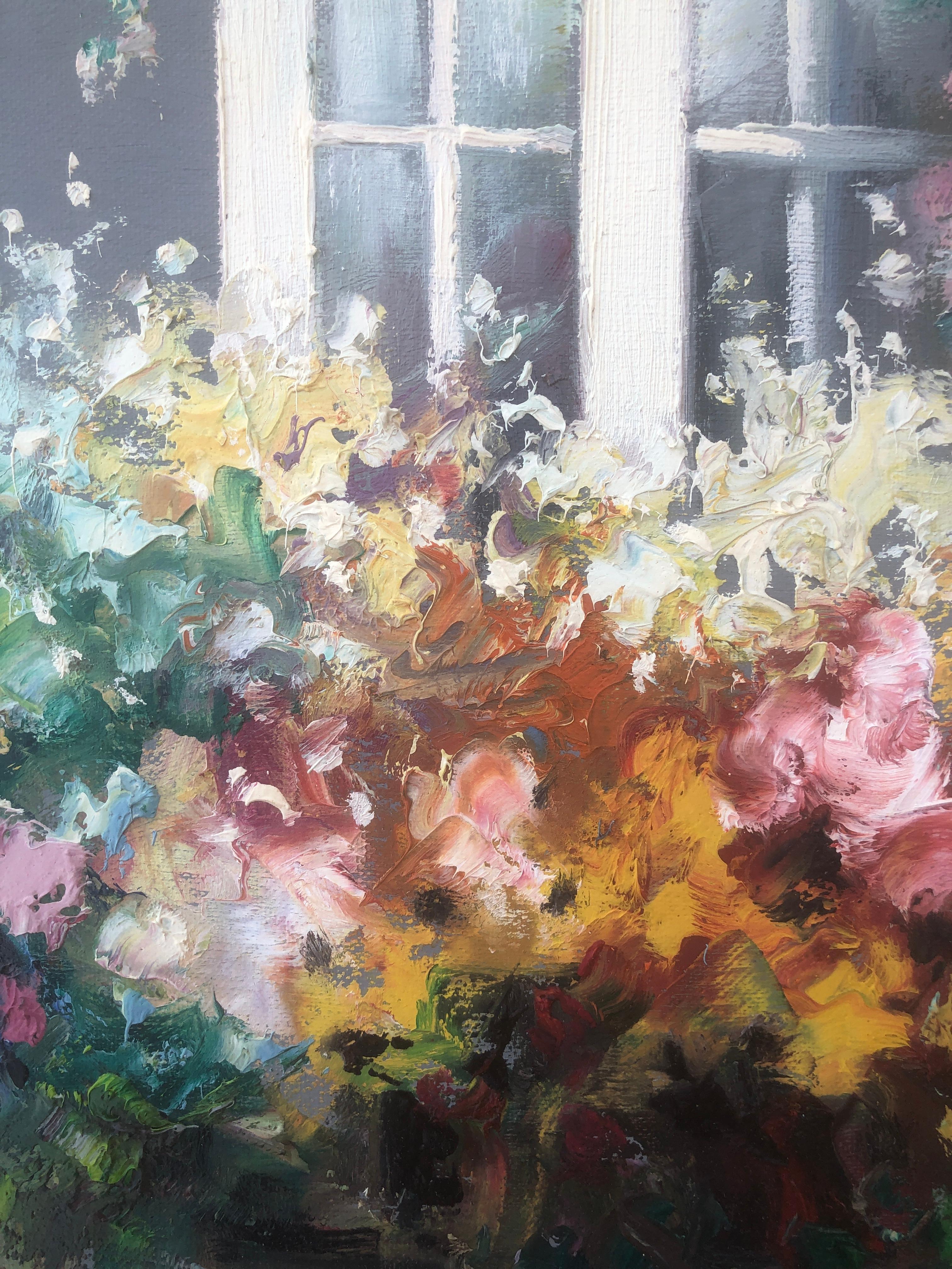 Jardin espagnol avec fenêtre huile sur toile peinture - Impressionnisme Painting par Joaquim Sabate De Mora