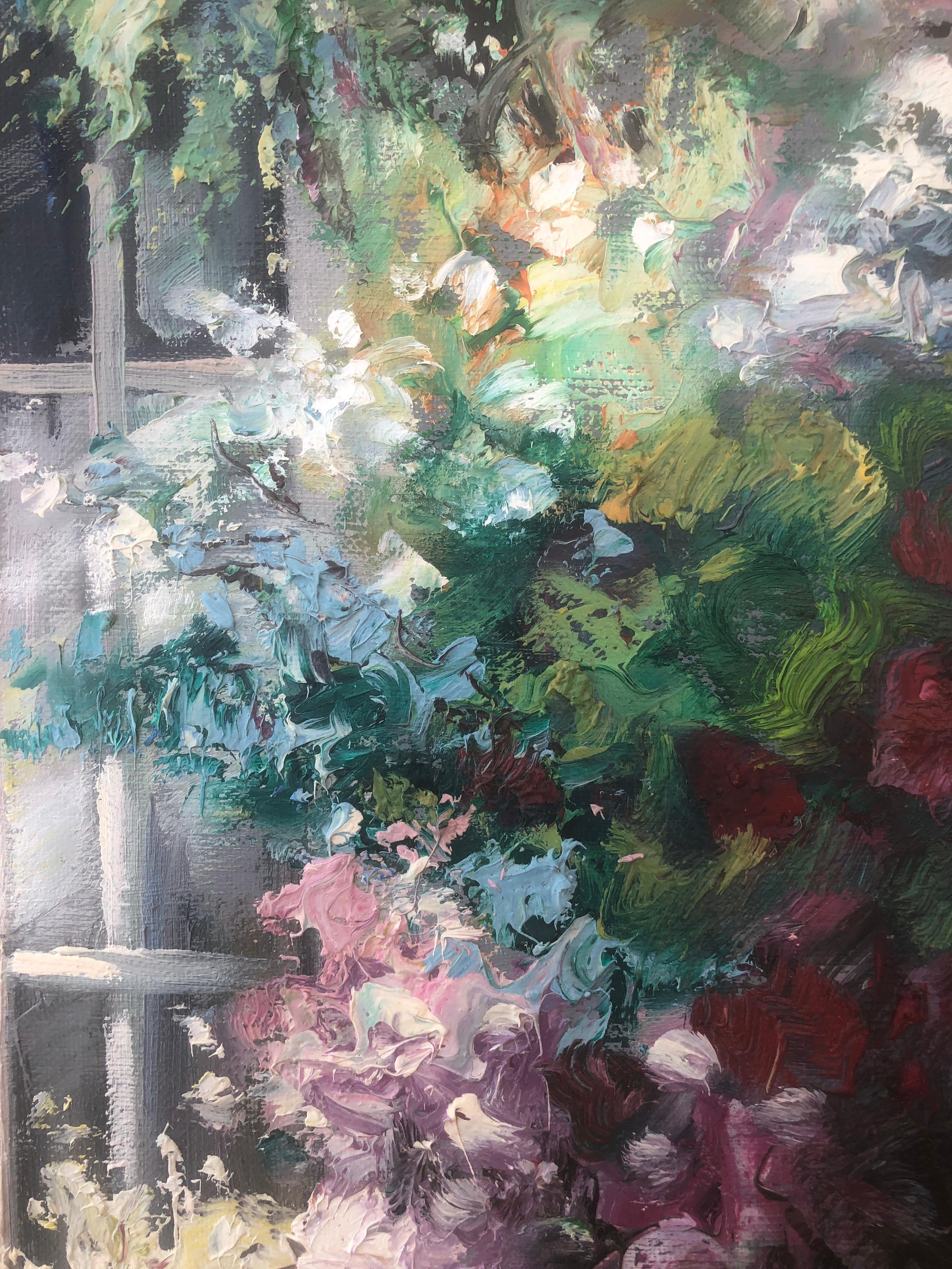 Jardin espagnol avec fenêtre huile sur toile peinture en vente 1