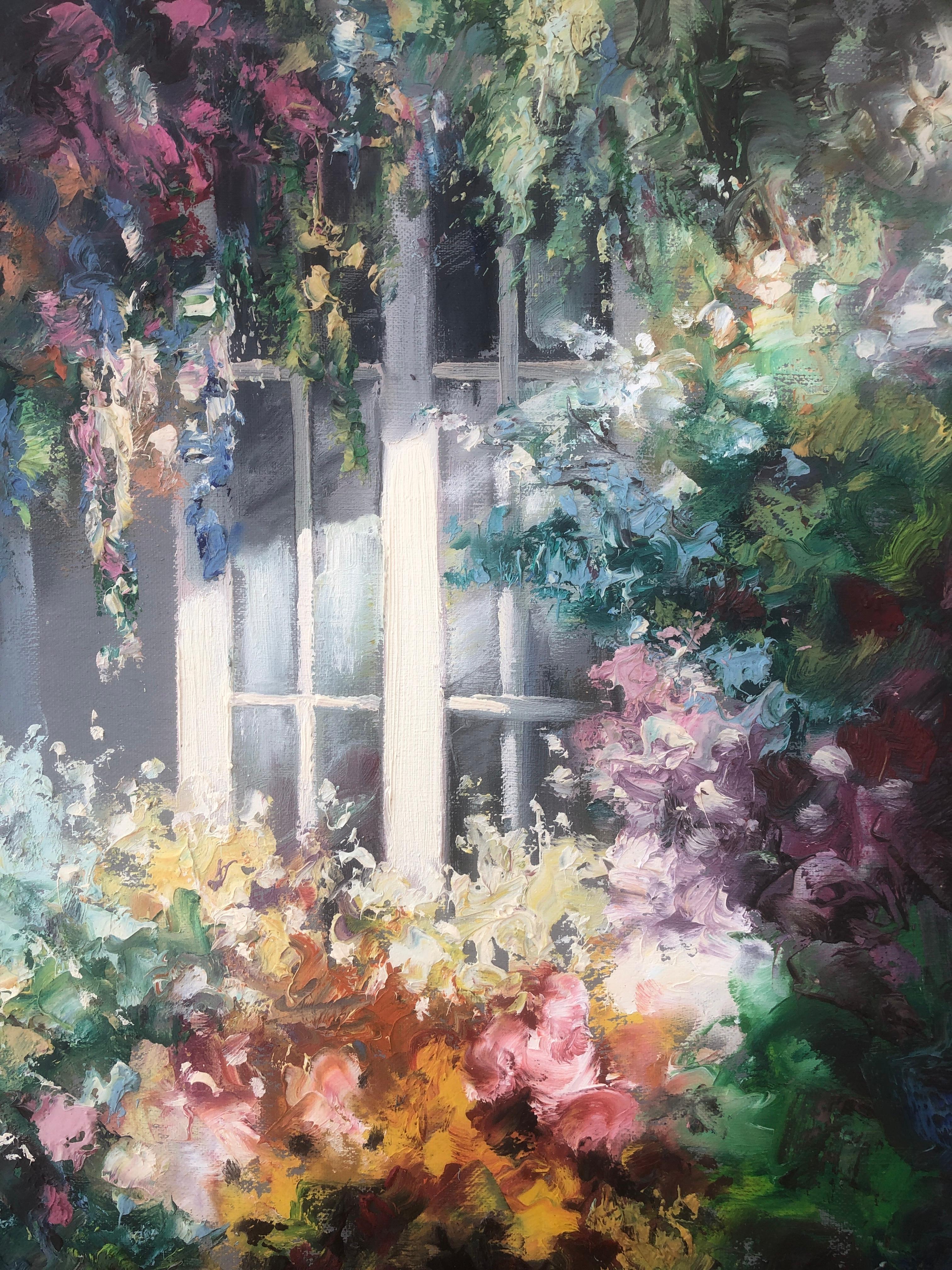 Jardin espagnol avec fenêtre huile sur toile peinture en vente 3