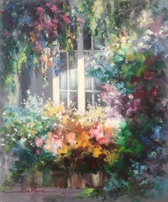 Spanish garden with window oil on canvas painting