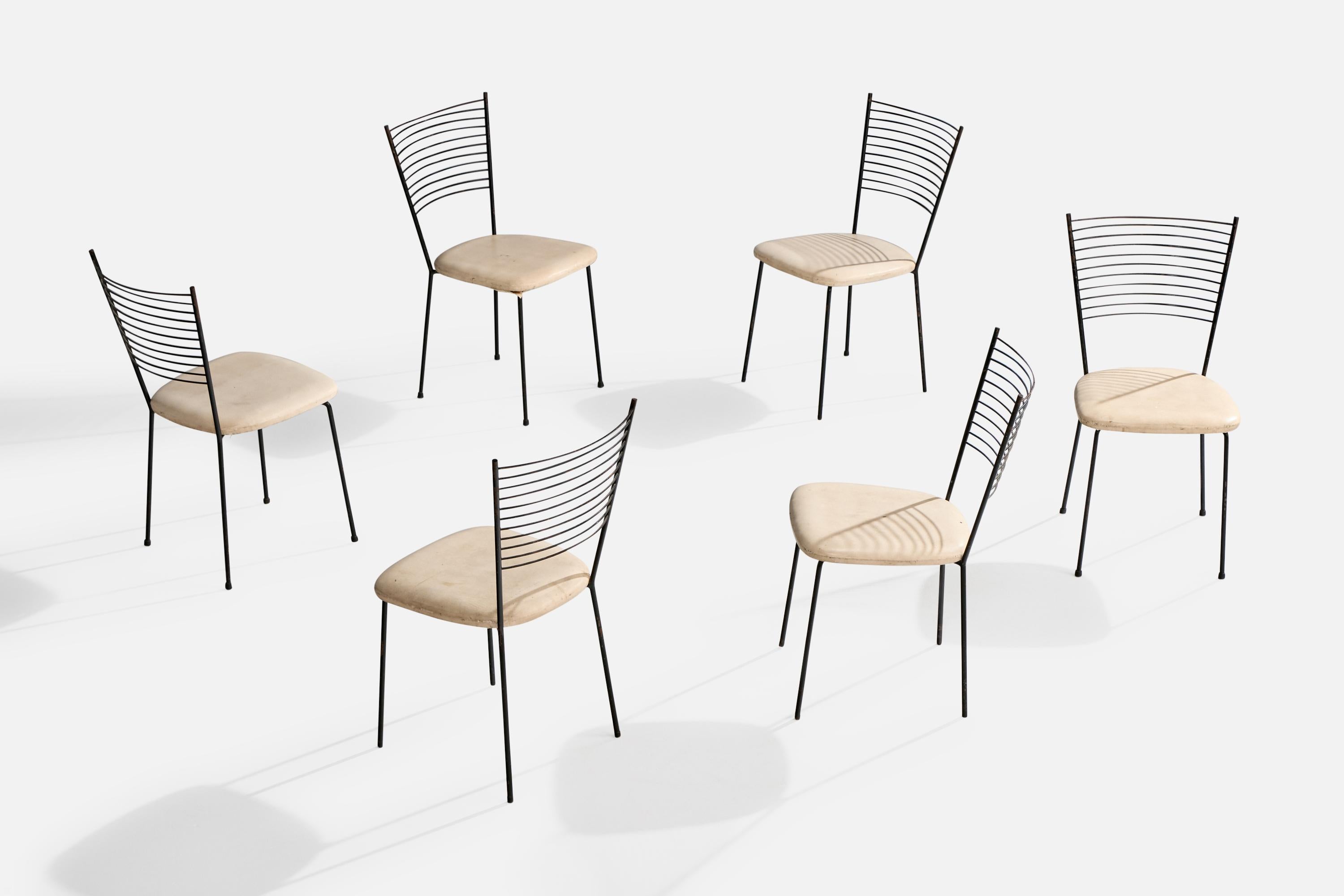 A set of six dining room chairs attributed to Joaquim Tenreiro, Brazil, c. 1950s.

Moderate oxidation to metal legs and backrest and discoloration to leather seats. Two seats missing bolts.

Overall Dimensions (inches): 32.5” H x 16.125” W x 20.2”