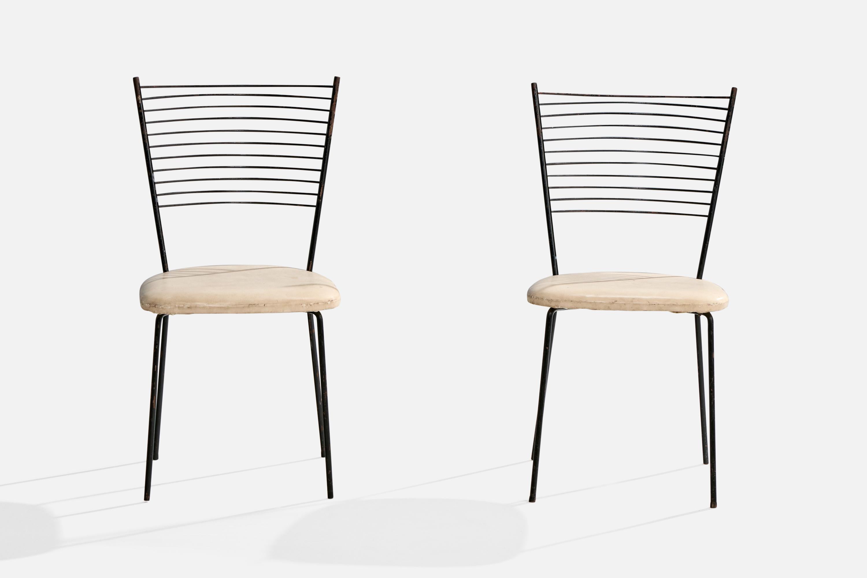 Brazilian Joaquim Tenreiro Attribution, Dining Chairs, Metal, Leather, Brazil, 1950s For Sale