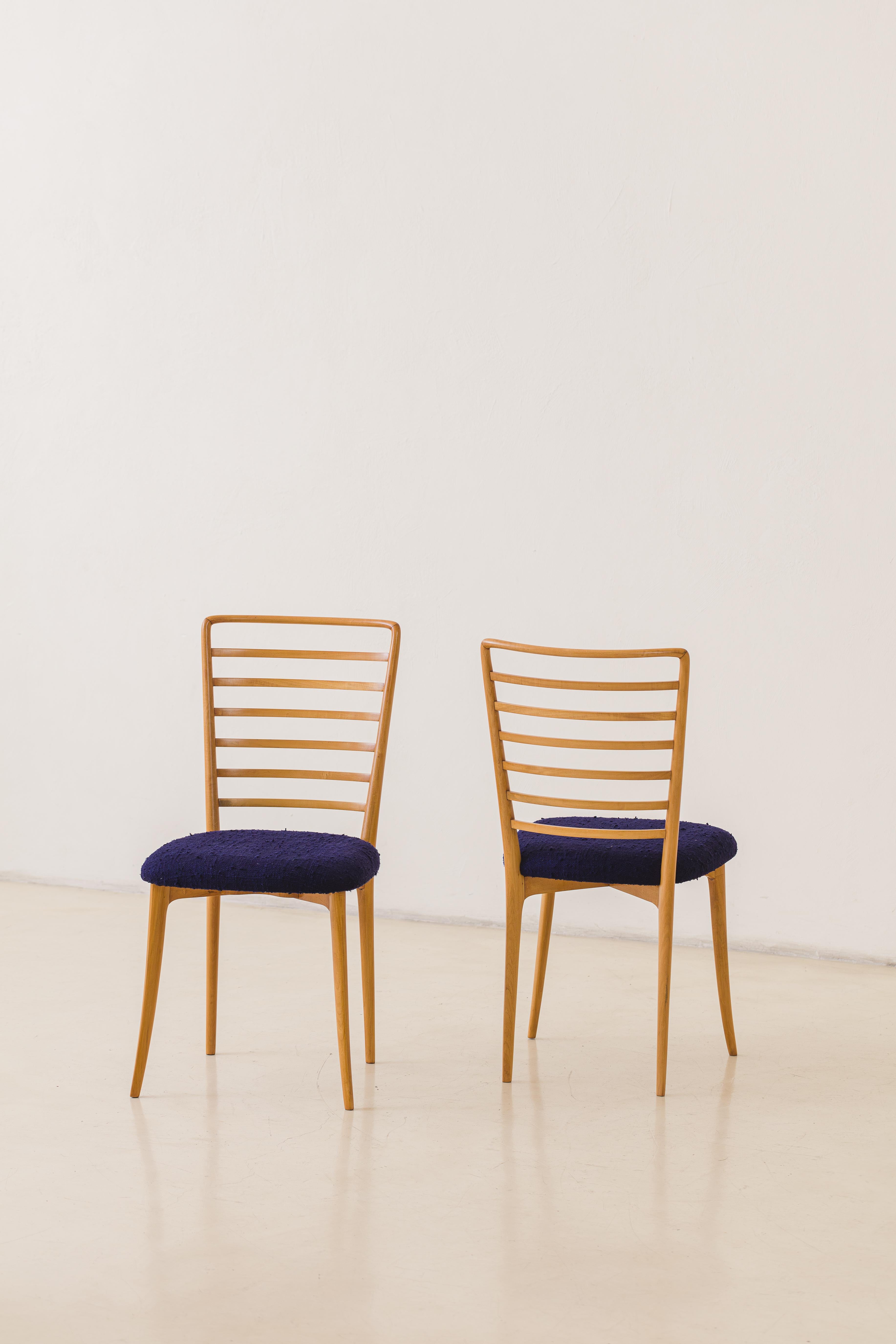 Joaquim Tenreiro Dining Chairs, Solid Wood and Fabric, MidCentury, Brazil, 1950s For Sale 1