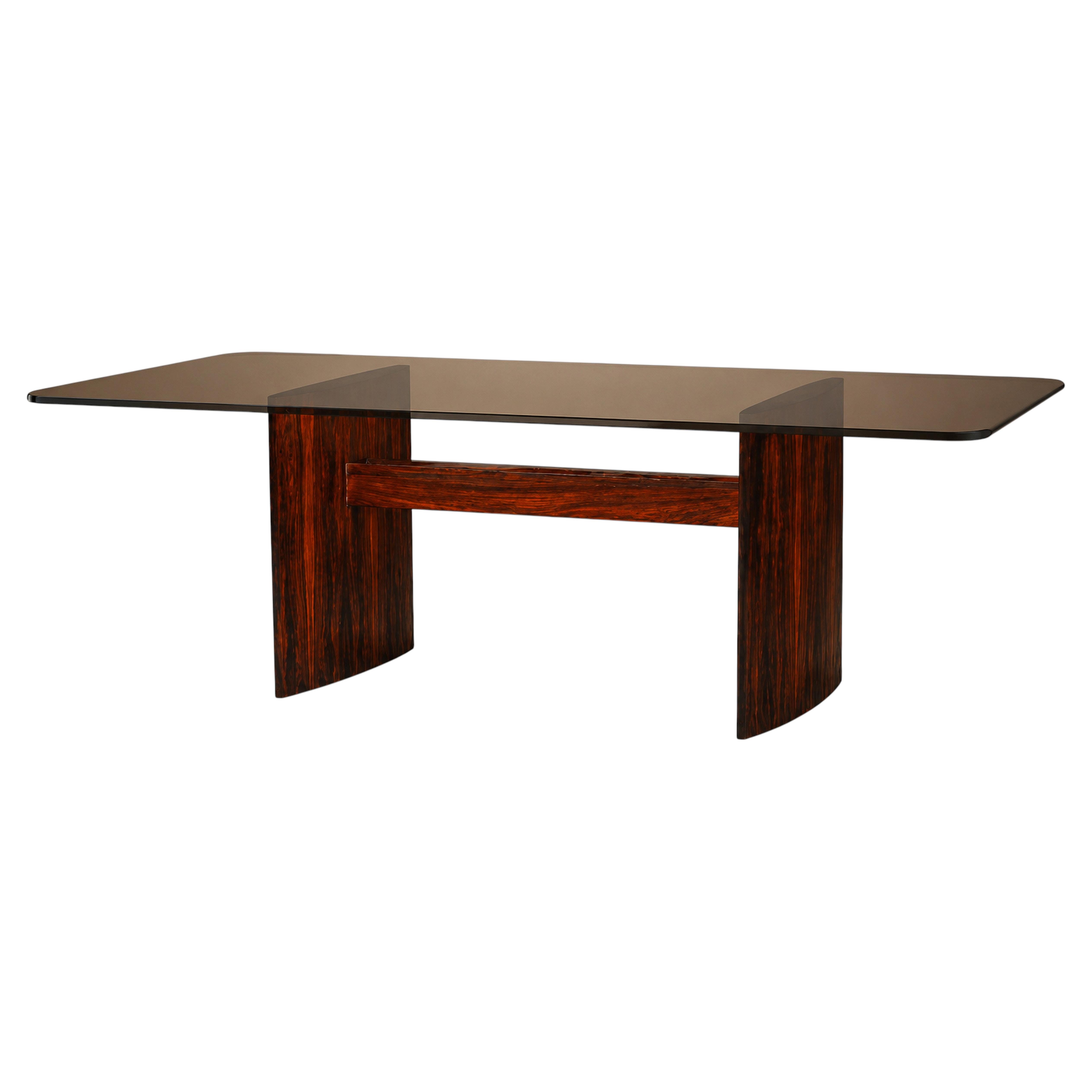 Joaquim Tenreiro Dining Table in Rosewood Veneer and Bronze Smoked Glass, Brazil