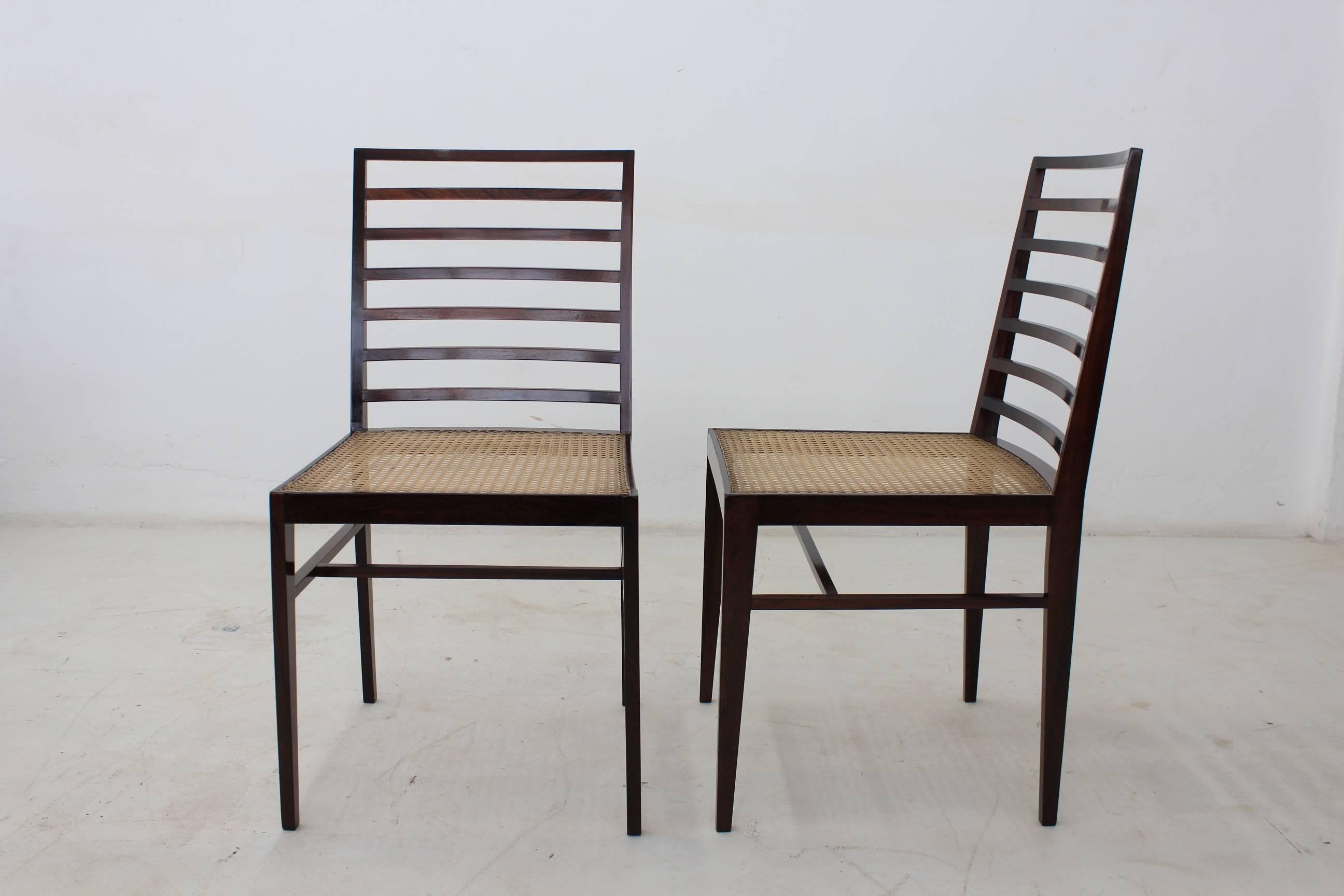 Mid-Century Modern Joaquim Tenreiro Eight Chairs with H-Base Frame Jacaranda Rosewood and Cane Seat For Sale