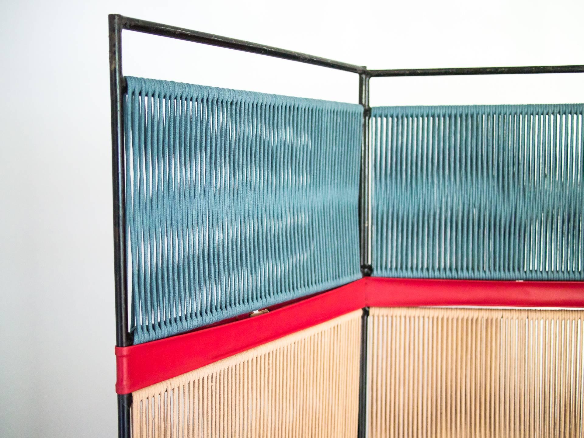 20th Century 1950s Folding Screen in Iron and Cotton Cords by Joaquim Tenreiro, Brazil Modern