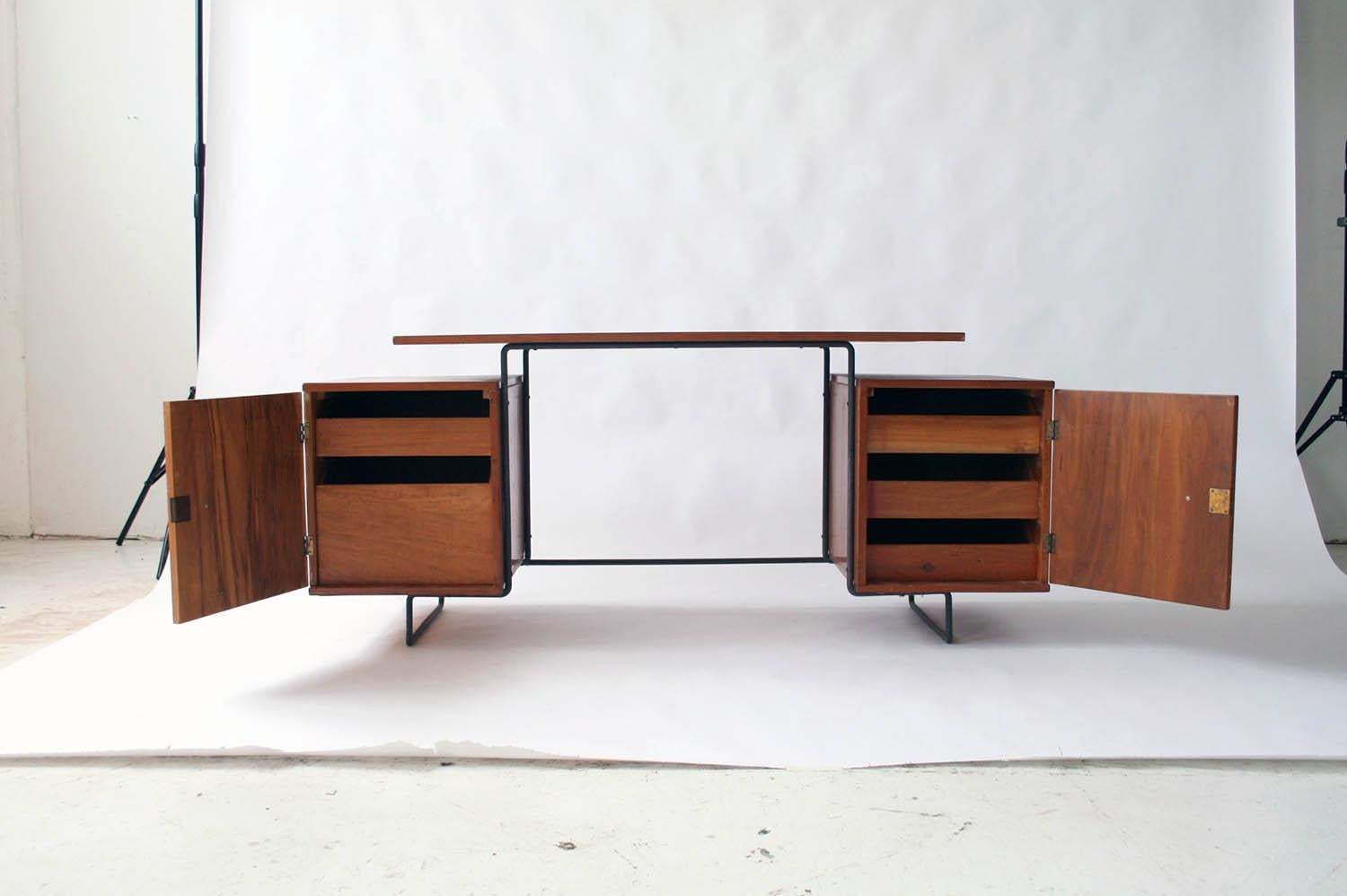 Mid-Century Modern Joaquim Tenreiro Jacaranda and Steel Floating Top Desk Designed in 1954, Brazil For Sale