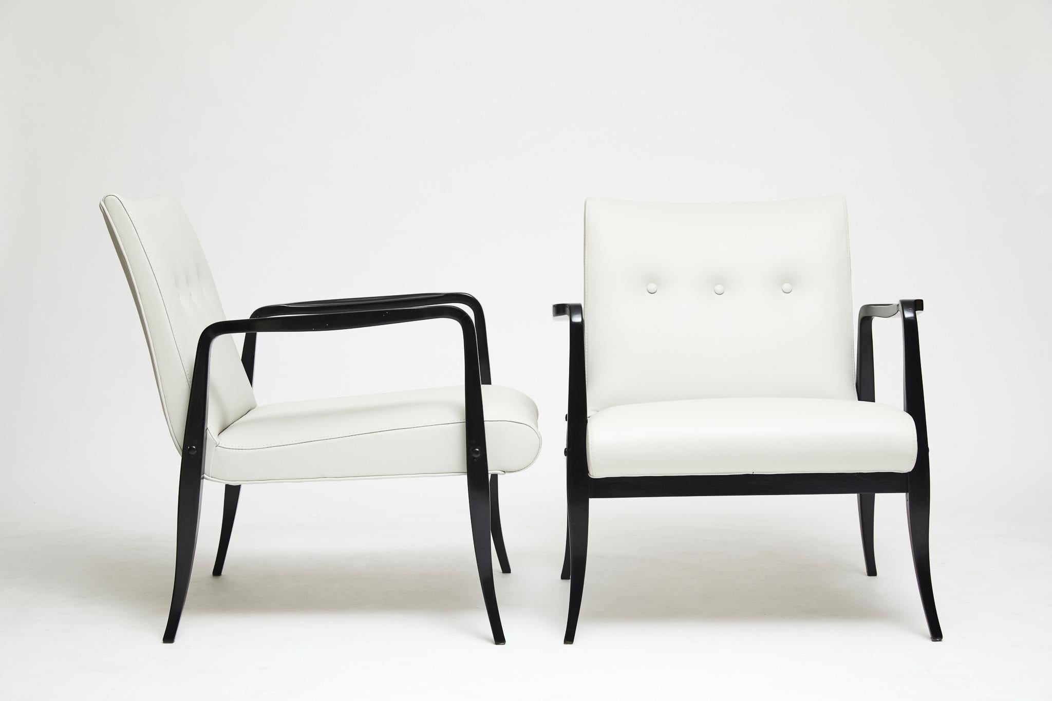Ebonized Mid-Century Modern Armchairs in Hardwood & White Leather Joaquim Tenreiro Brazil For Sale