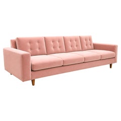 Joaquim Tenreiro “Rectangular” Four-Seat Sofa in Hardwood & Rose Velvet, Brazil
