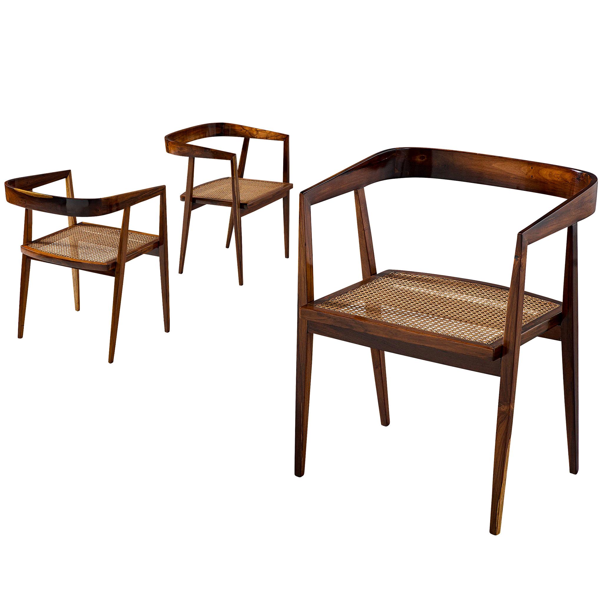 Joaquim Tenreiro Set of three Jacaranda and Cane Chairs