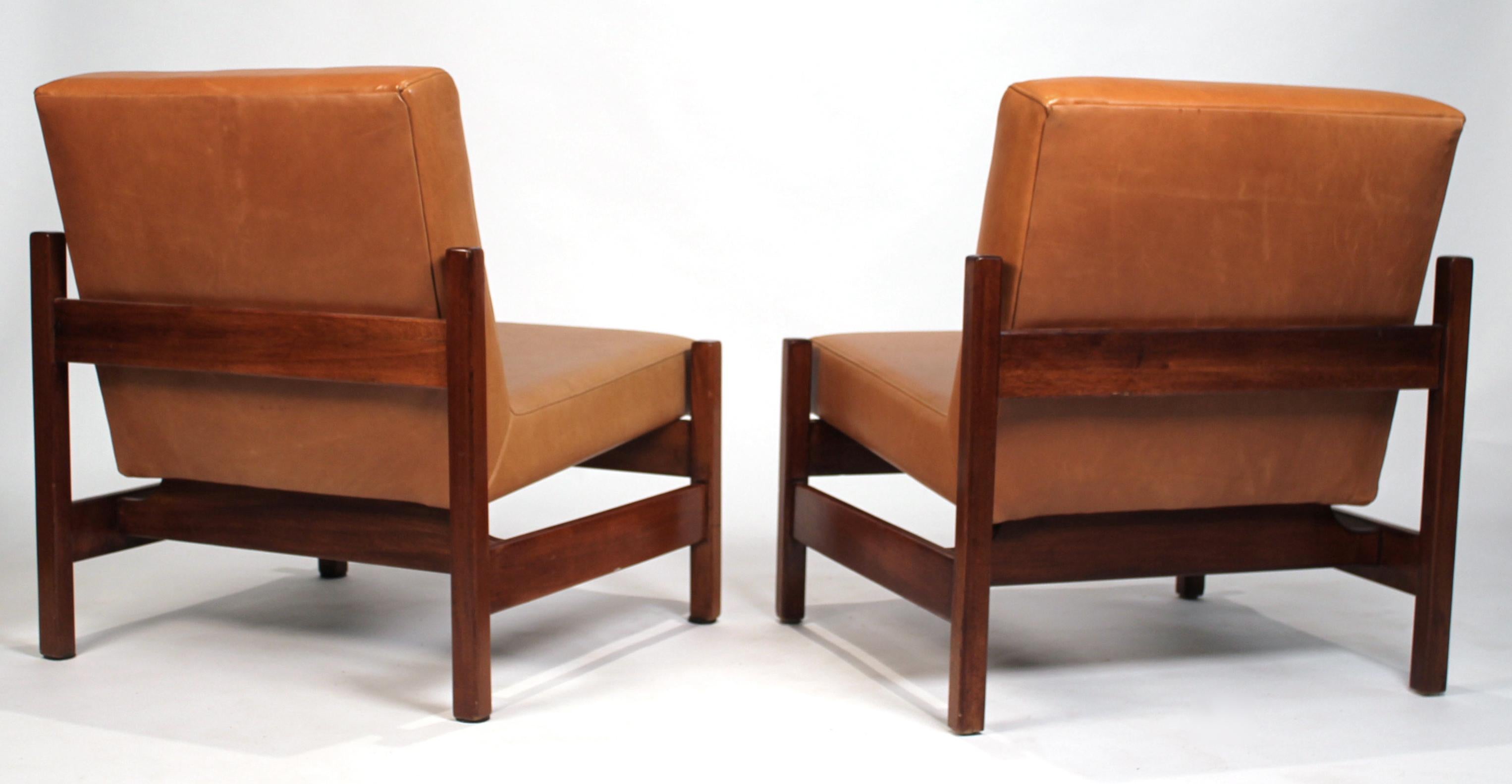 Brazilian Joaquim Tenreiro Style Peroba Lounge Chairs in leather for Knoll & Forma Brazil
