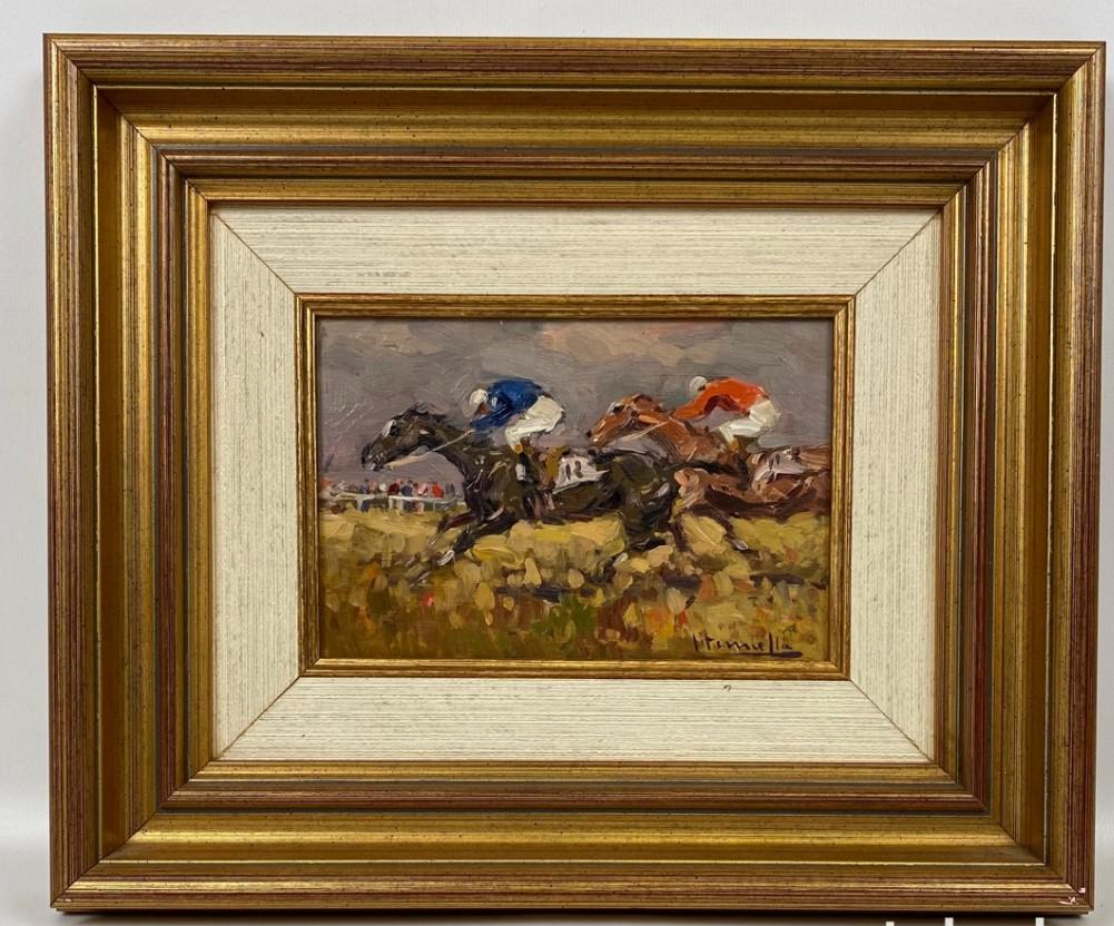 Pferderennen, Öl auf Holztafel von Joaquim Terruella i Matilla