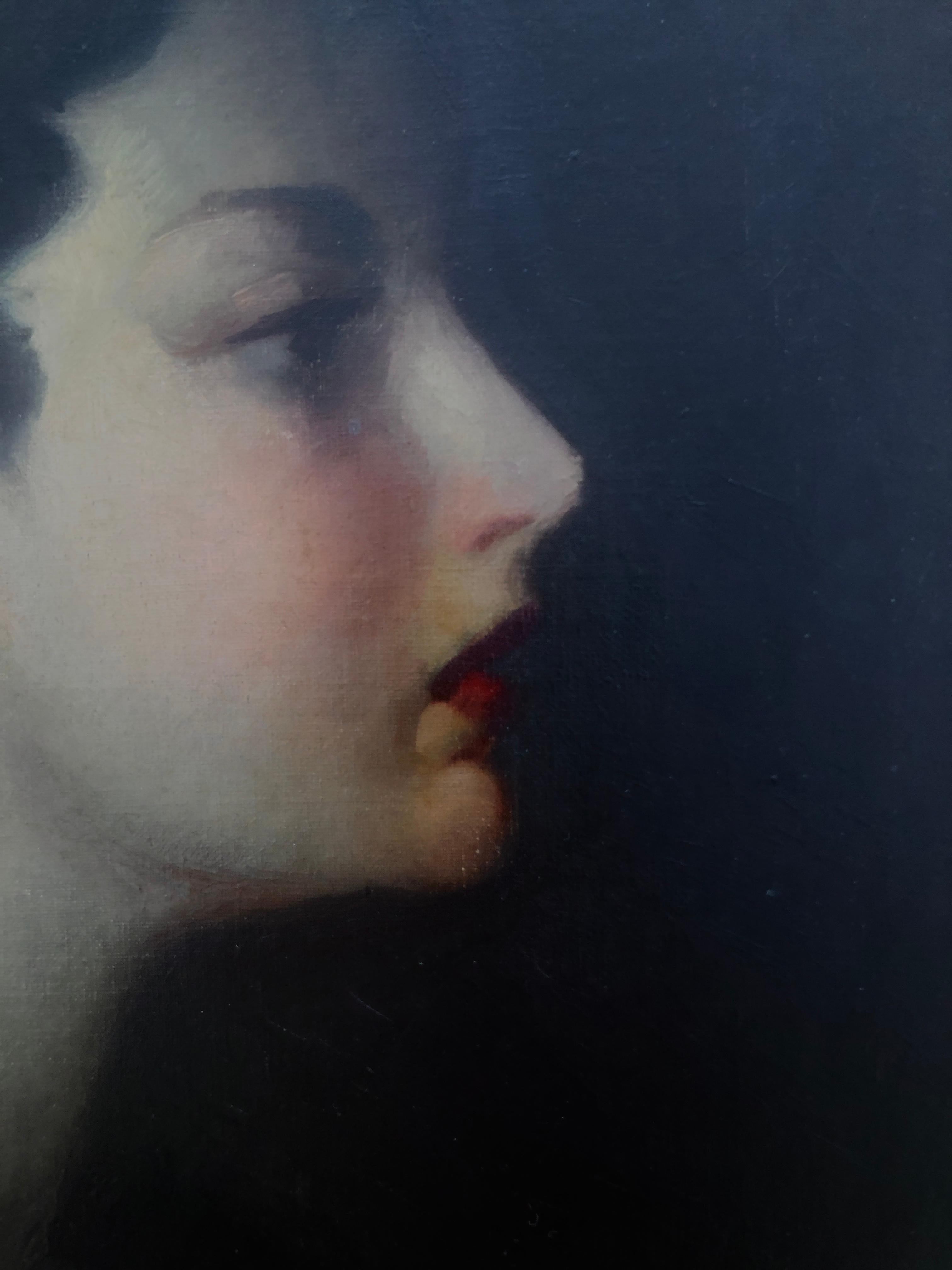 Femme de profil, huile sur toile - Moderne Painting par Joaquin Angulo