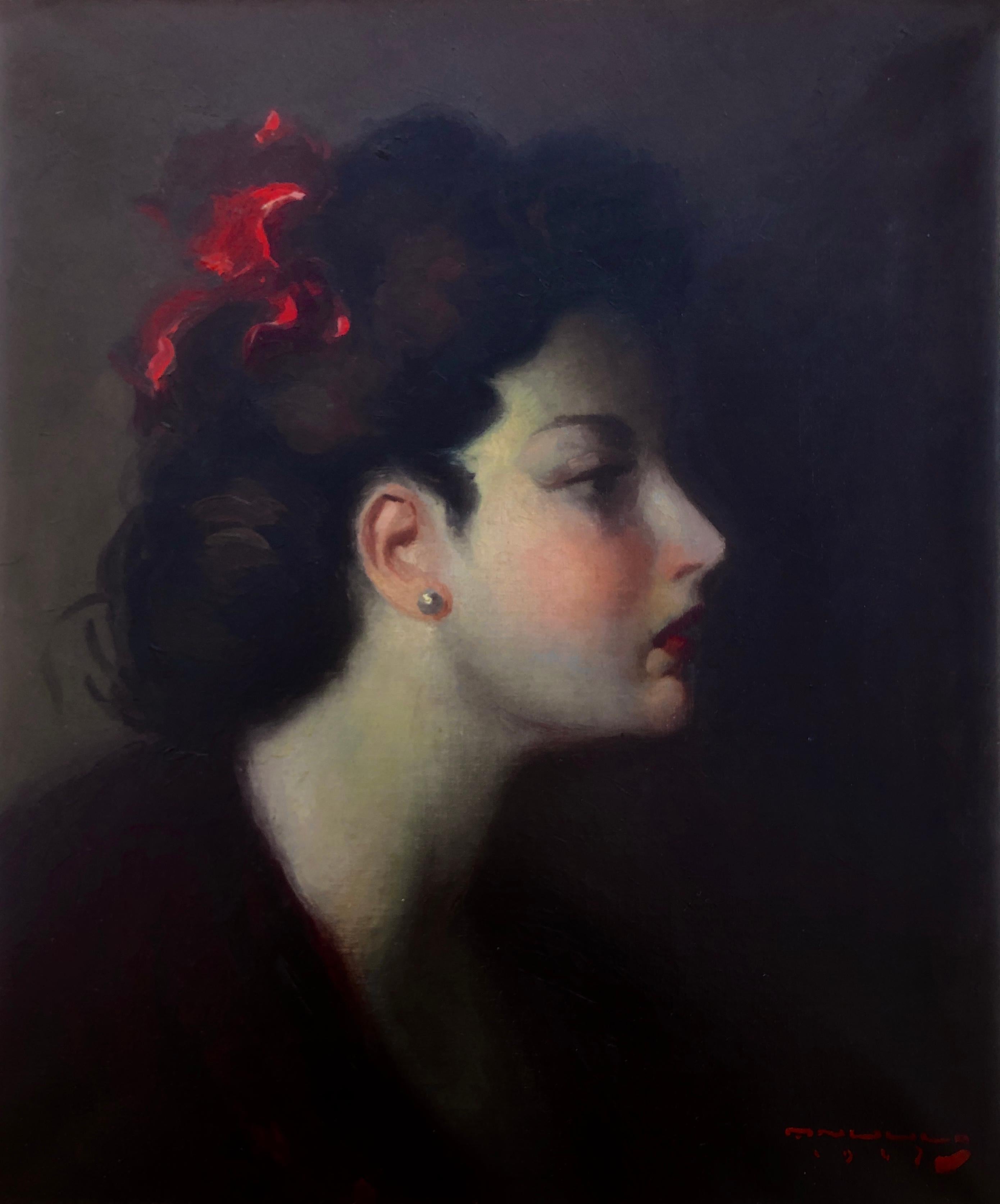 Portrait Painting Joaquin Angulo - Femme de profil, huile sur toile