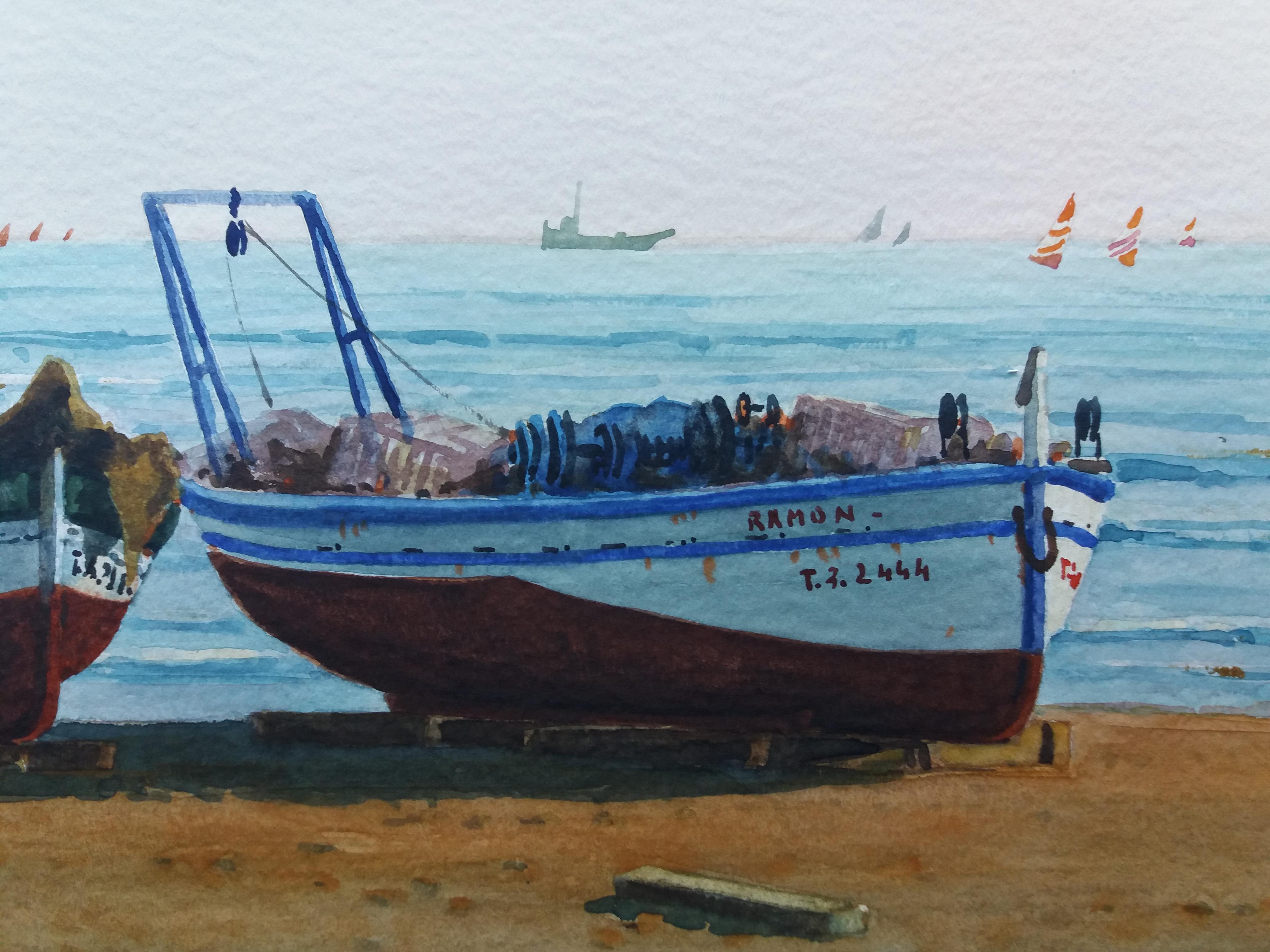 Beach. boats in the sand.  original realist watercolor painting 4