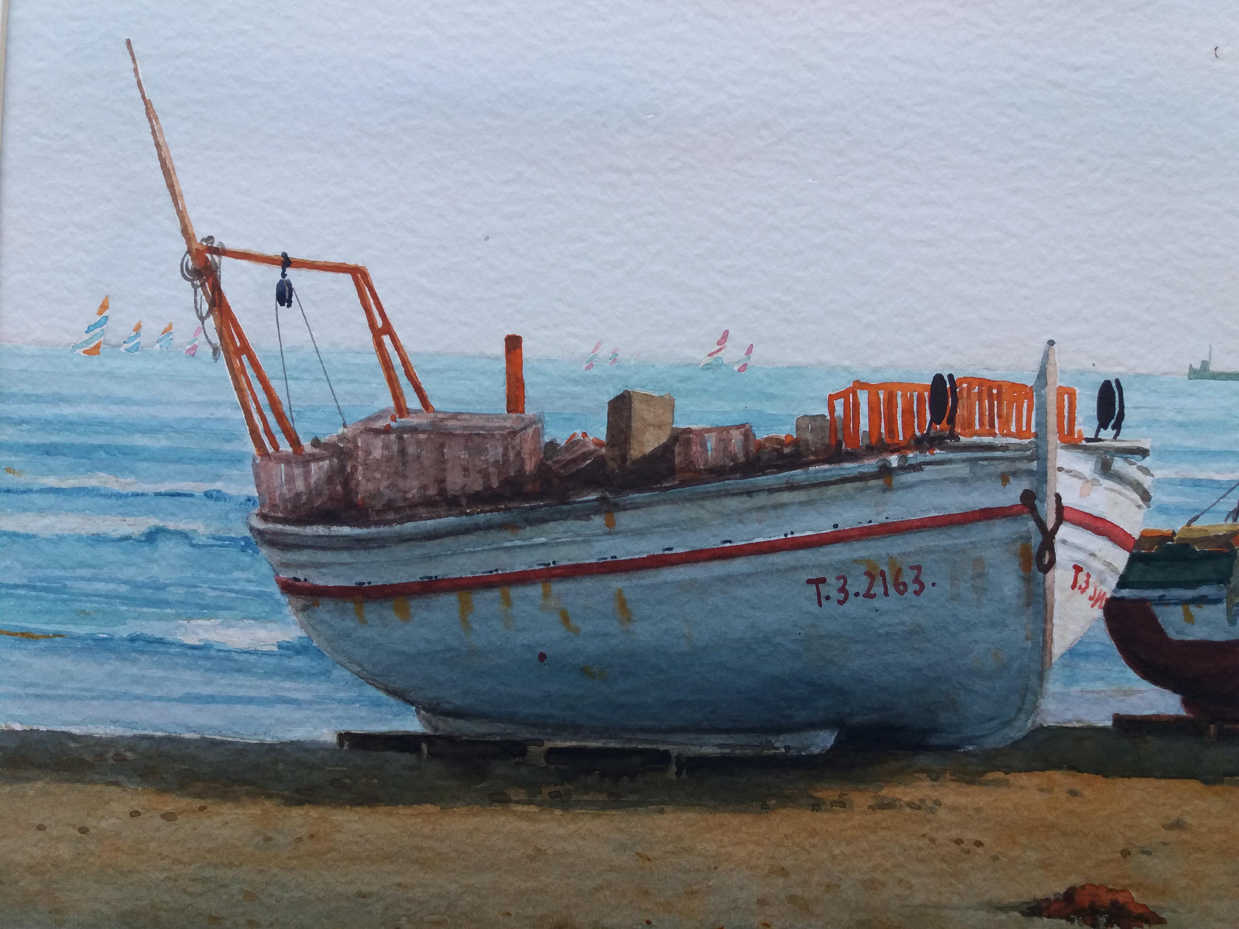 Beach. boats in the sand.  original realist watercolor painting 5