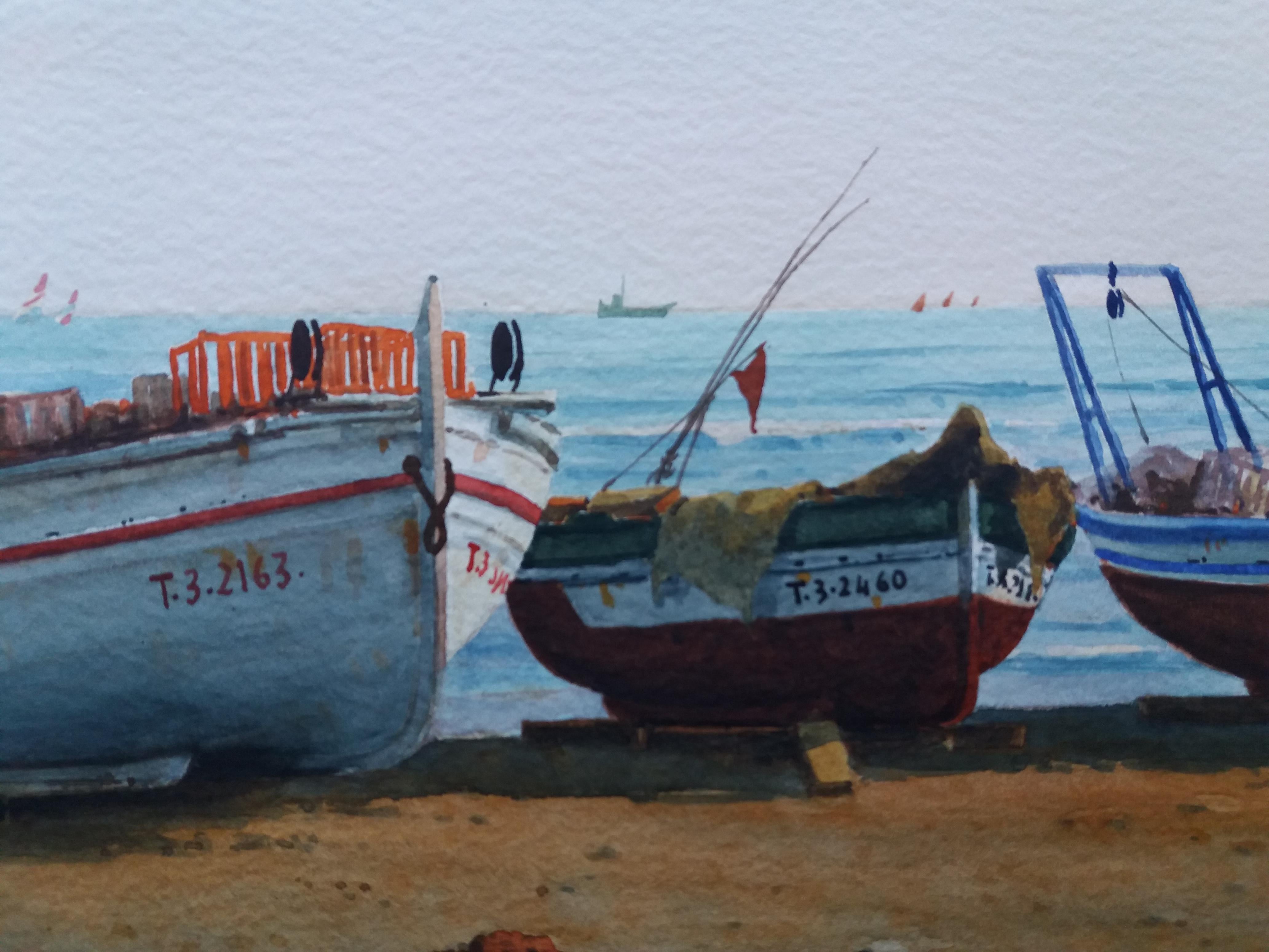 Beach. boats in the sand.  original realist watercolor painting 6