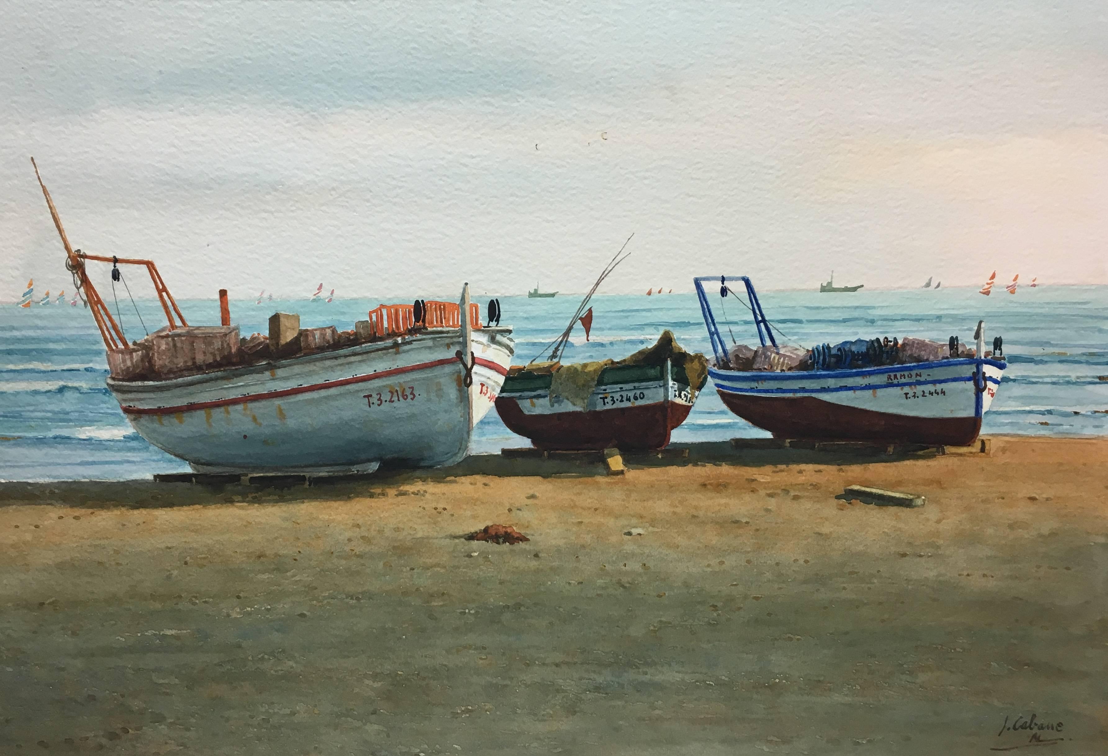 Beach. boats in the sand.  original realist watercolor painting - Painting by Joaquin Cabane
