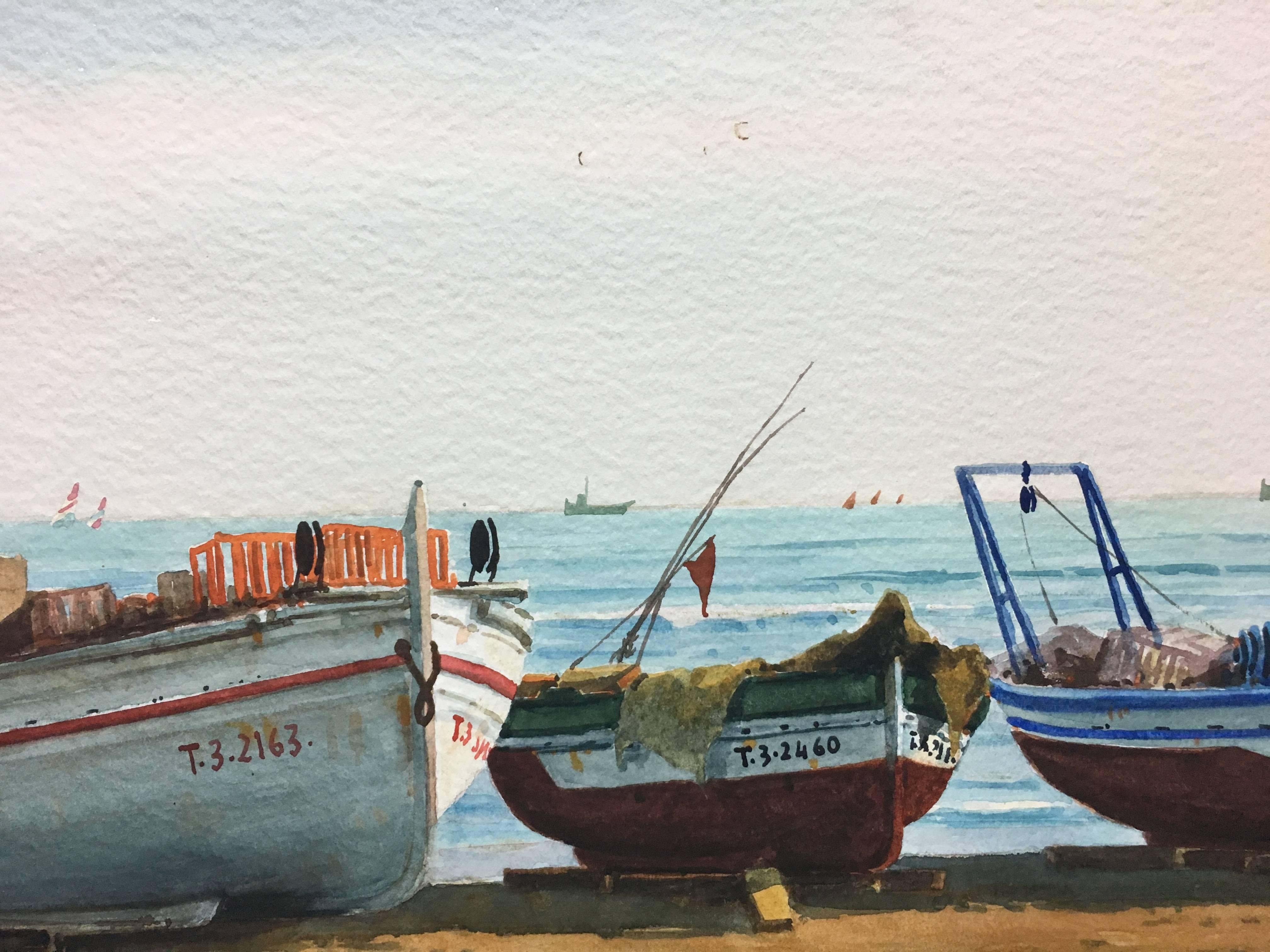 Beach. boats in the sand.  original realist watercolor painting - Realist Painting by Joaquin Cabane