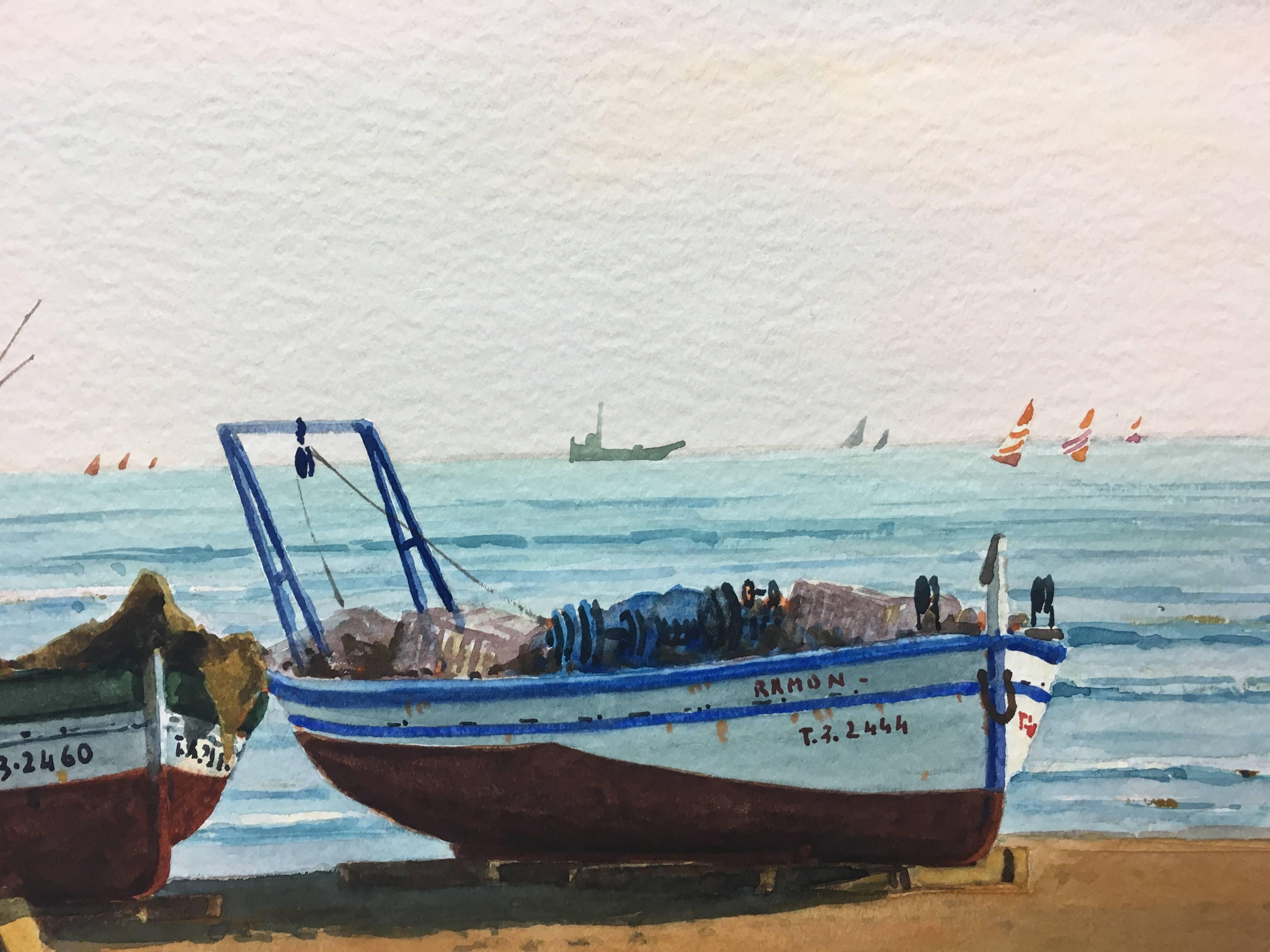 Beach. boats in the sand.  original realist watercolor painting - Black Landscape Painting by Joaquin Cabane