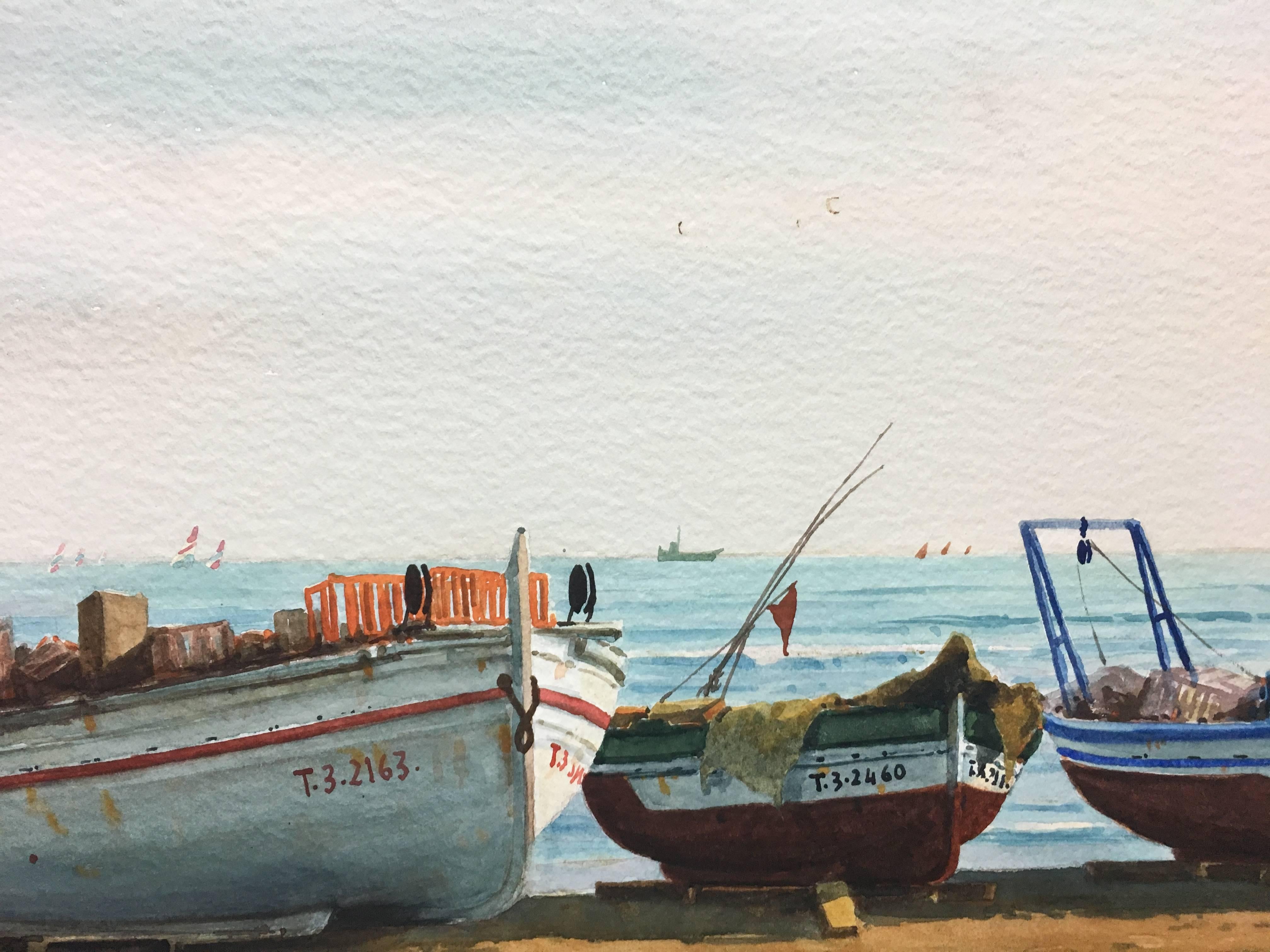 Beach. boats in the sand.  original realist watercolor painting 1