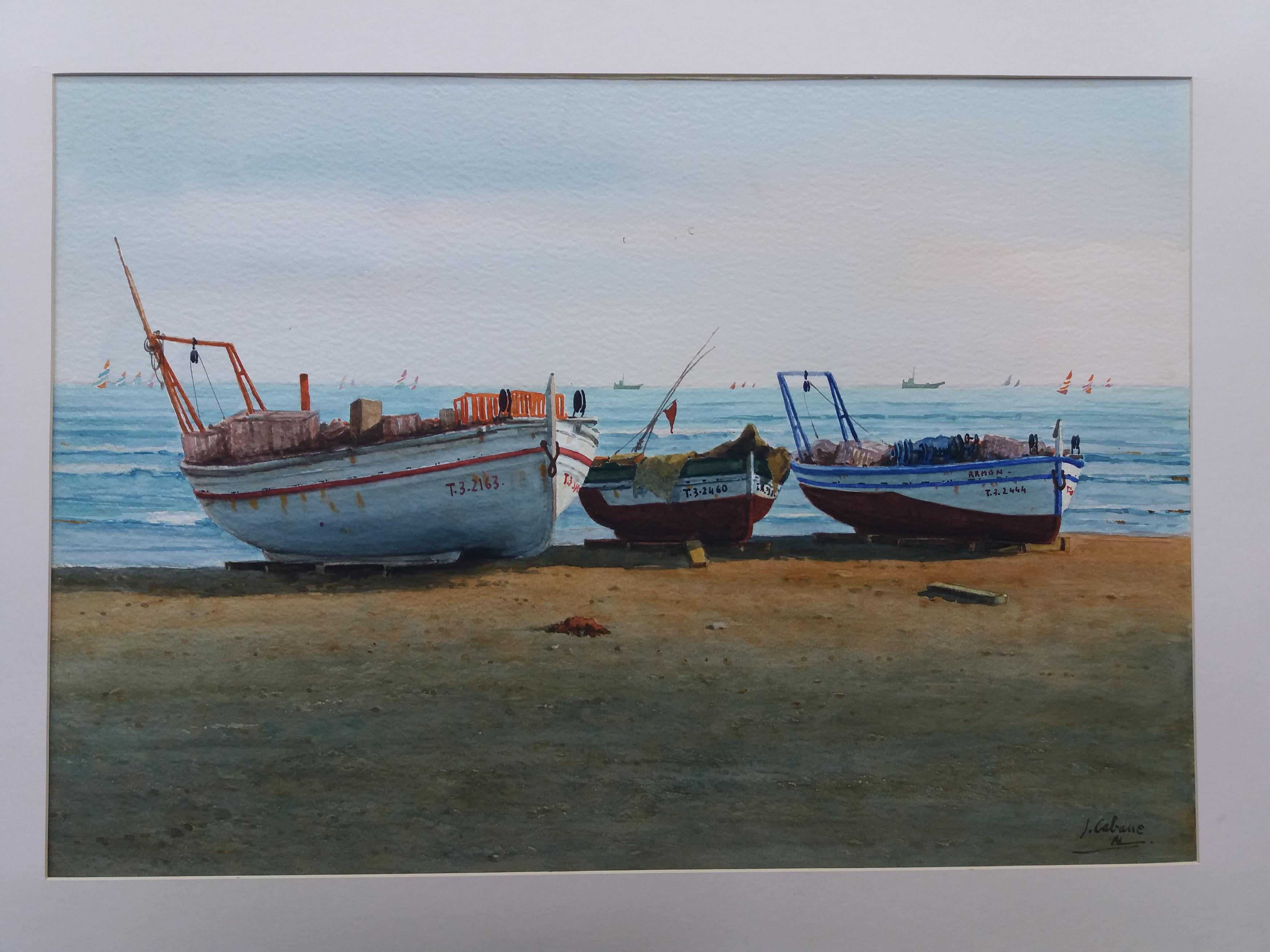 Beach. boats in the sand.  original realist watercolor painting 2