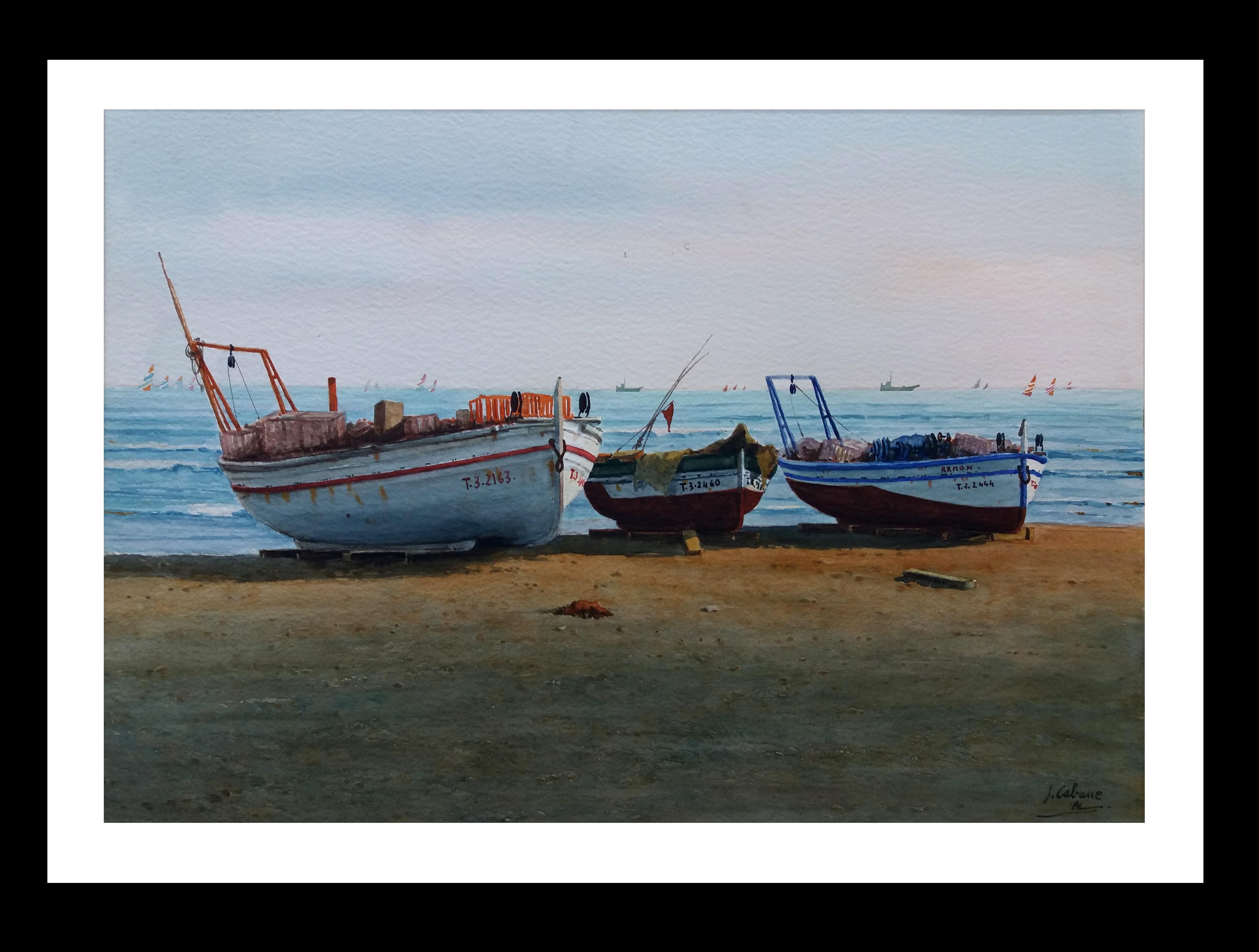 Joaquin Cabane Landscape Painting - Beach. boats in the sand.  original realist watercolor painting