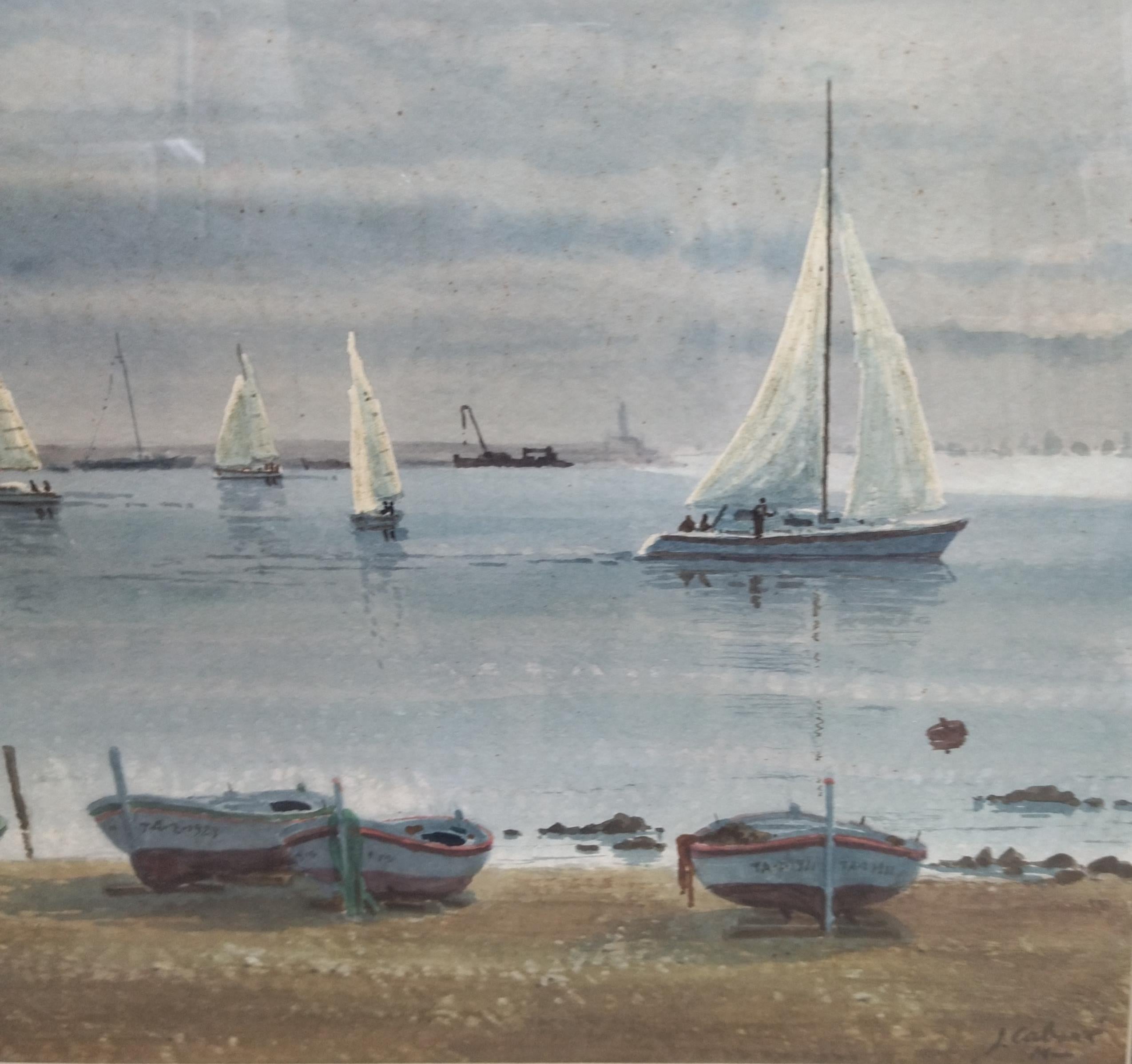 Cabane   boats Landscape . figurative. lake.mountains. blue - Painting Realismo di Joaquin Cabane