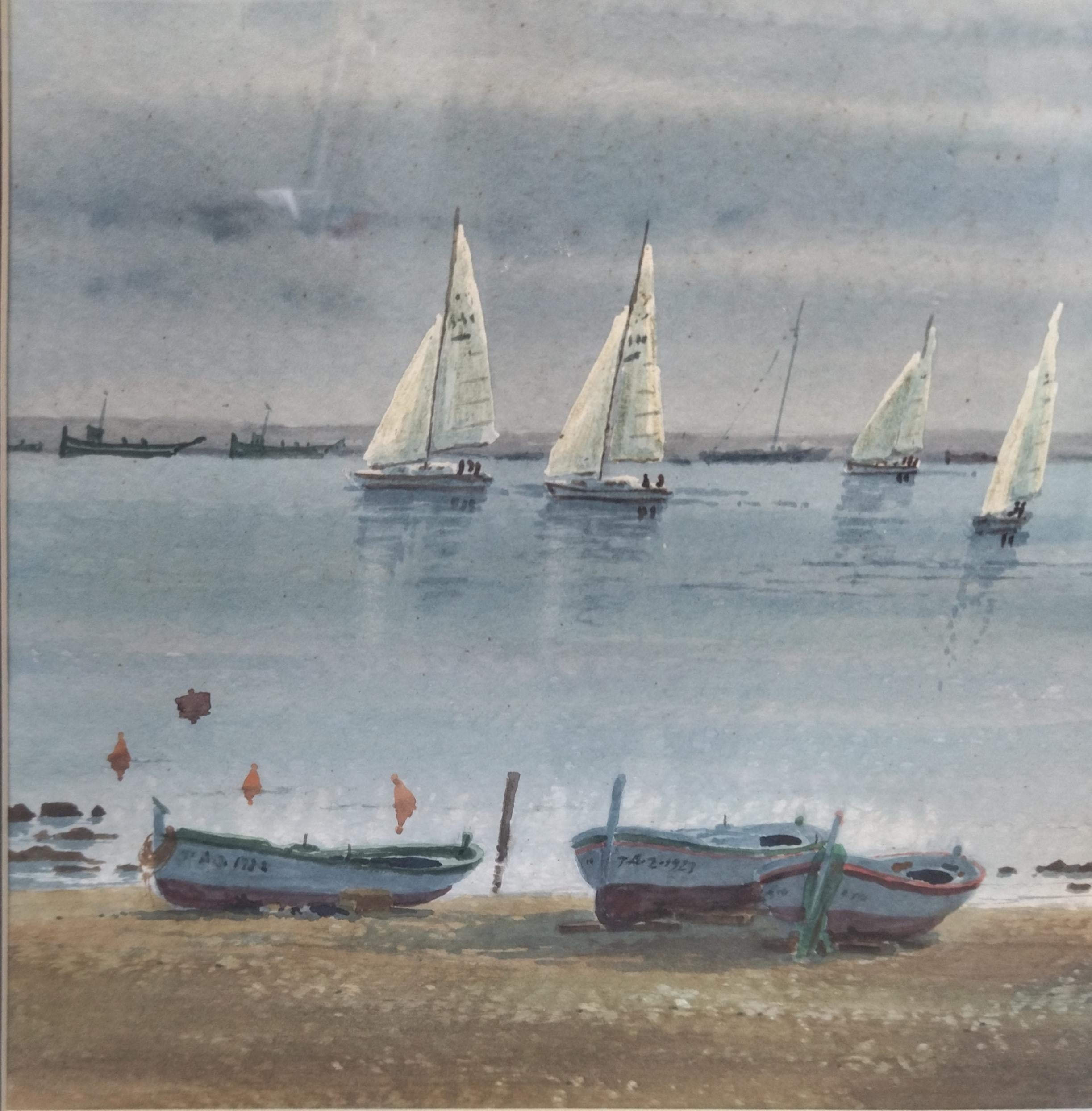 Cabane   boats Landscape . figurative. lake.mountains. blue - Landscape Painting Grigio di Joaquin Cabane