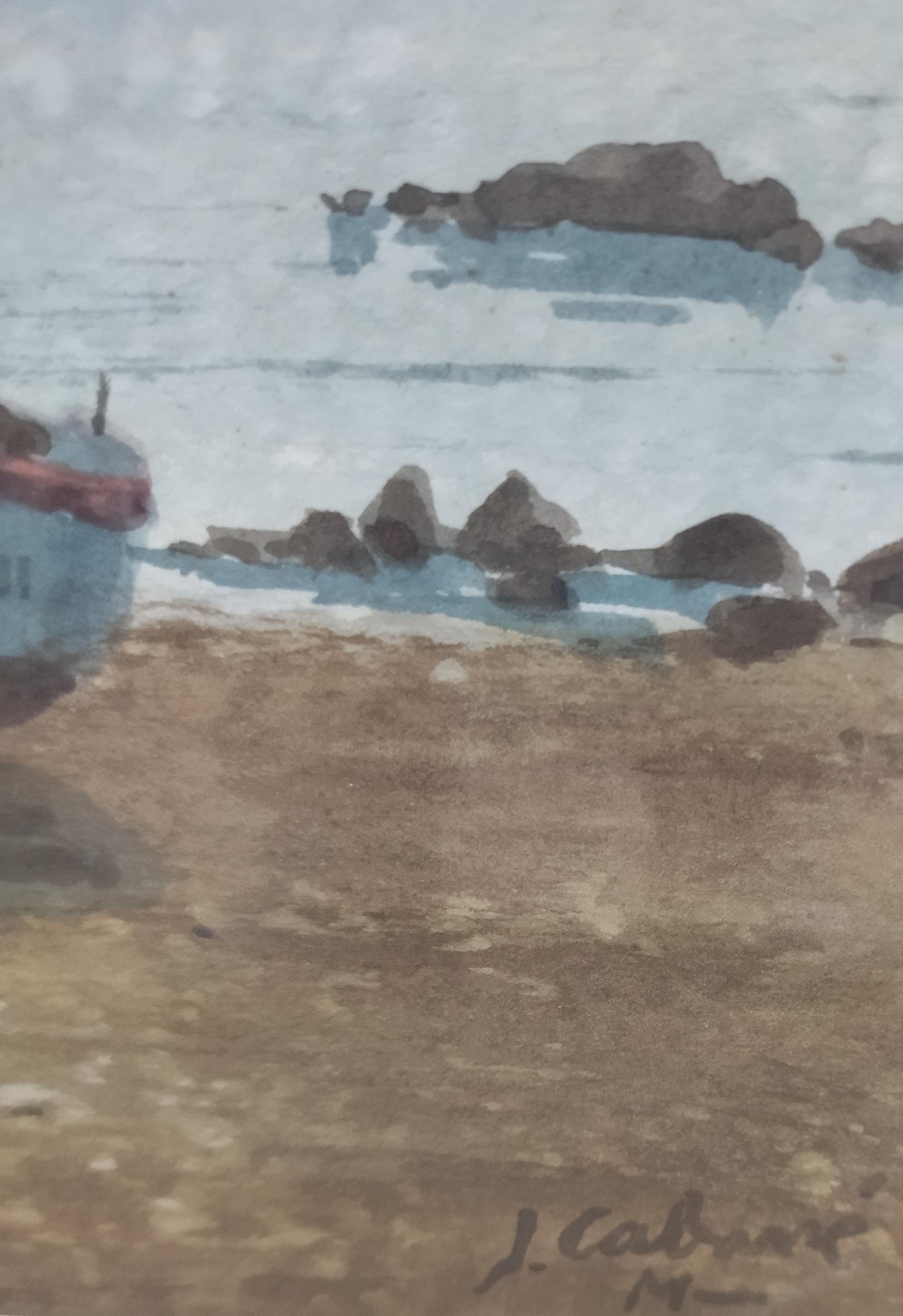 Cabane   boats Landscape . figurative. lake.mountains. blue in vendita 1
