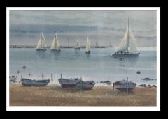 Cabane   boats Landscape . figurative. lake.mountains. blue