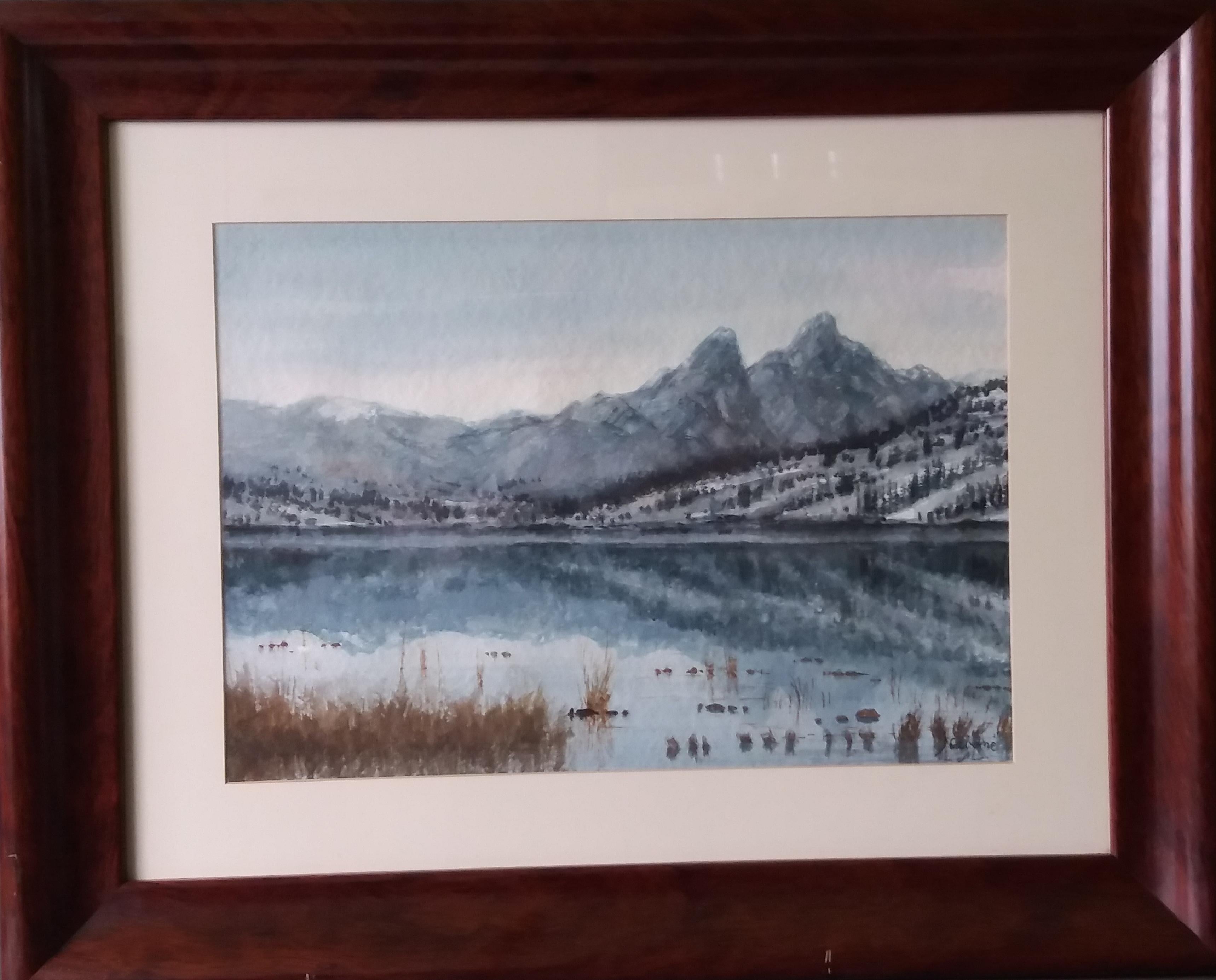  Cabane   Lake in the Pyrenees Landscape . figurative. lake.mountains. blue - Realist Painting by Joaquin Cabane