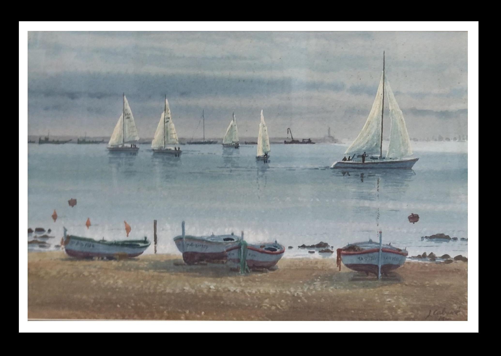 Cabane 15 Boote Landschaft . figurativ. See.Berge. blau