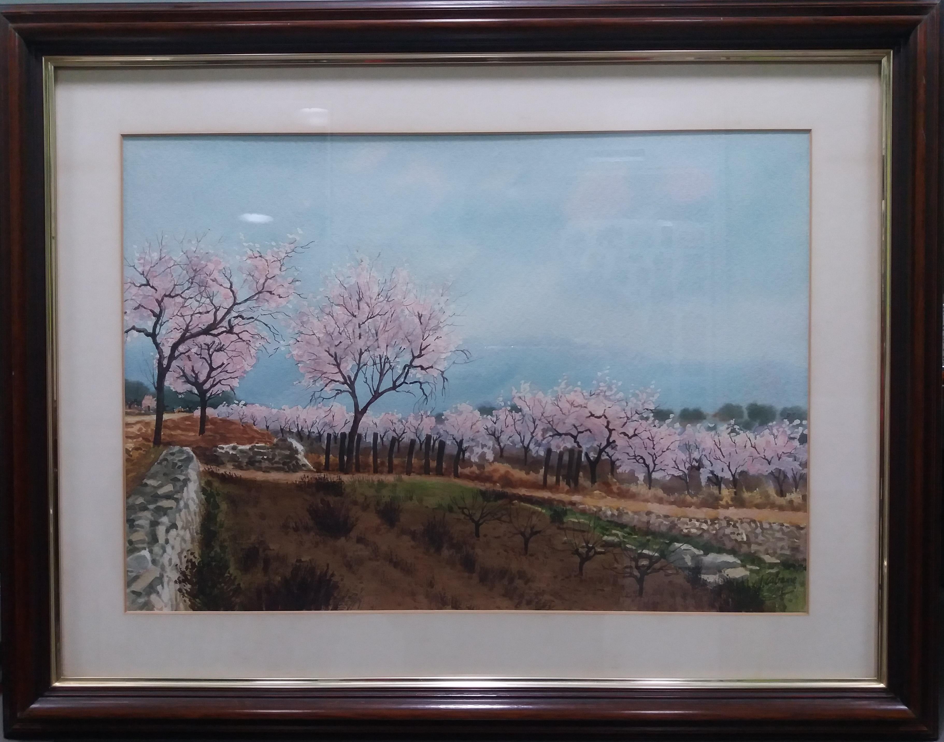 Cabane 17  Flowering Trees original watercolor painting - Painting by Joaquin Cabane