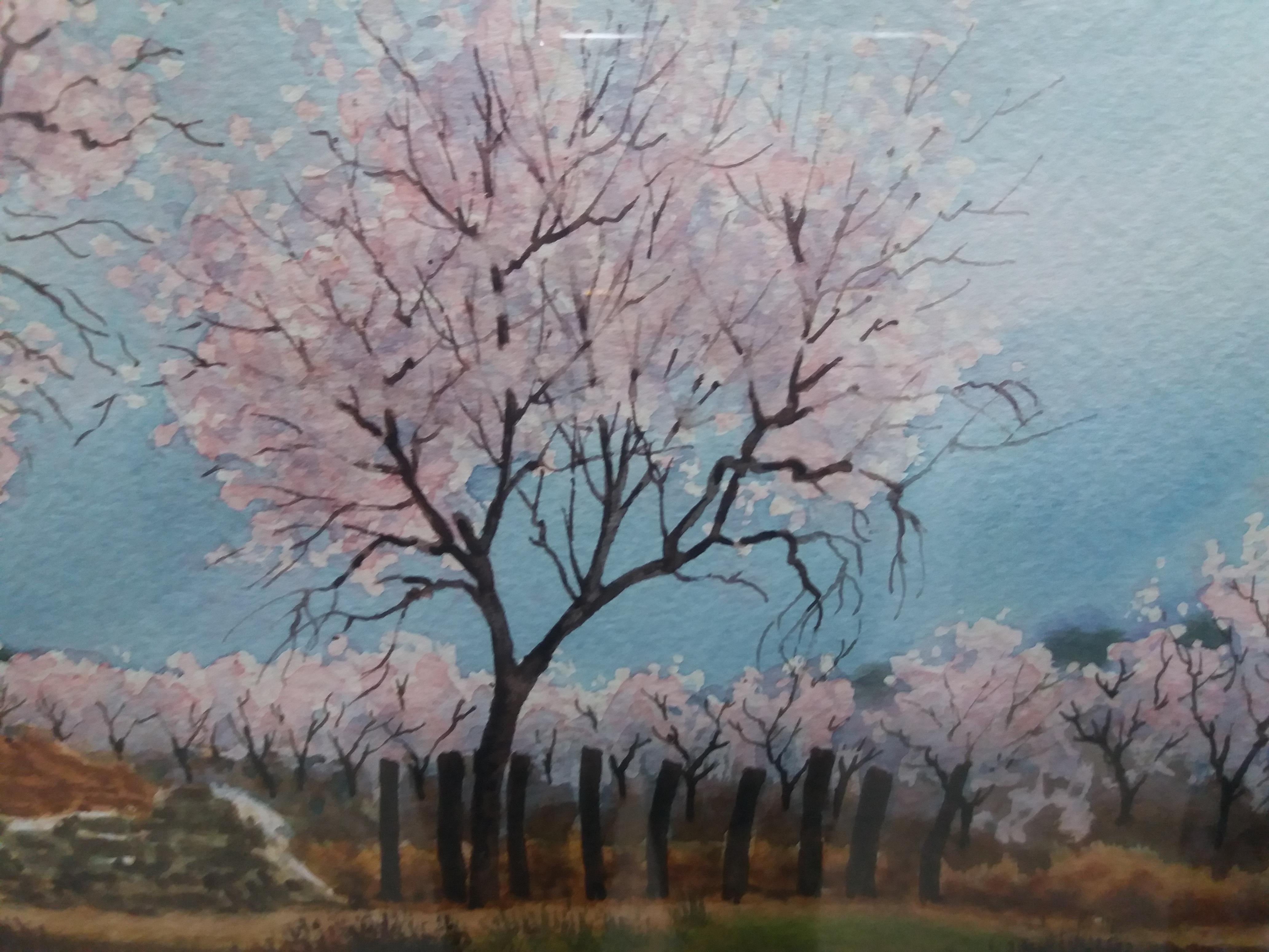 Cabane 17  Flowering Trees original watercolor painting For Sale 1