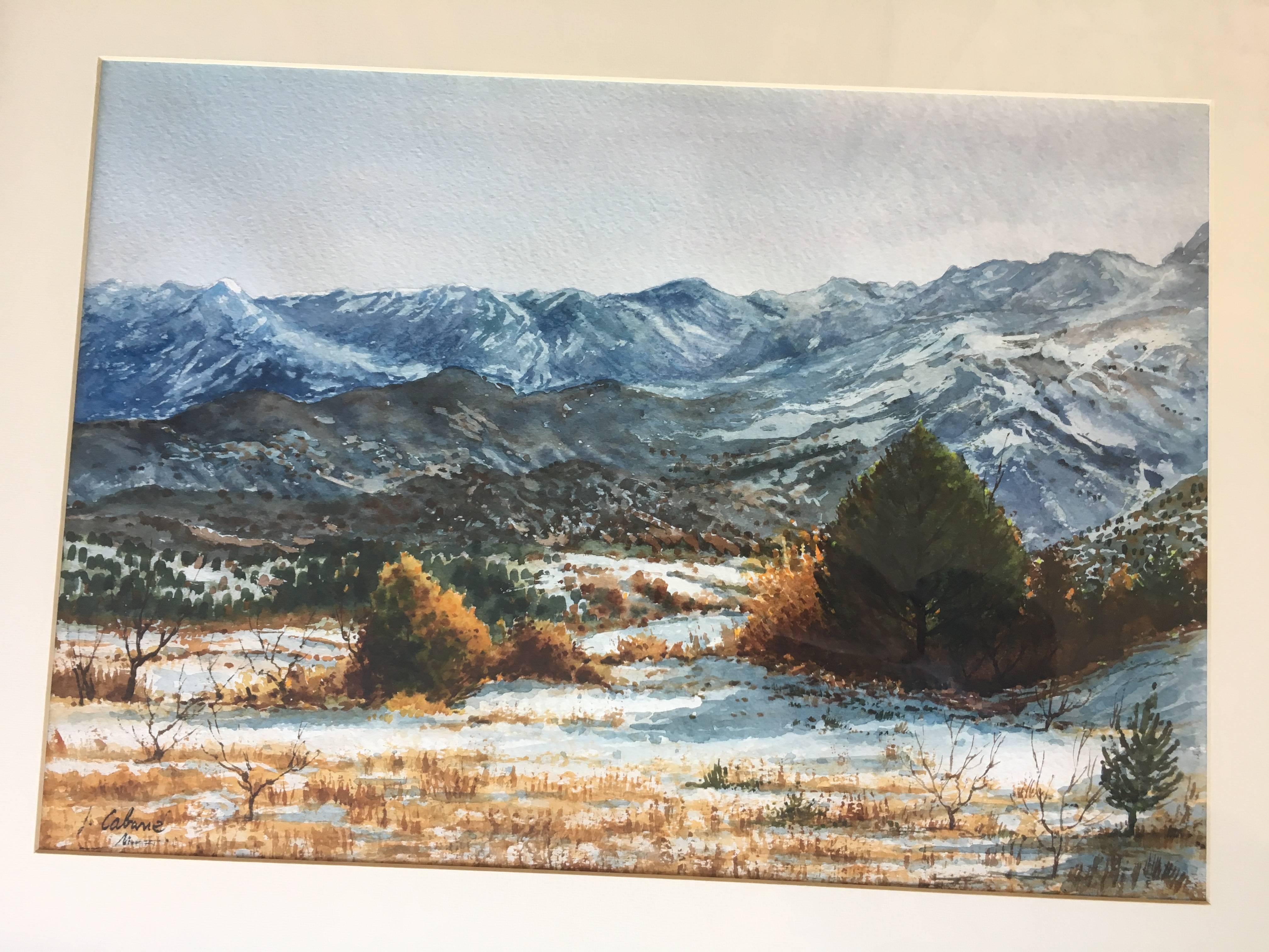 Cabane  Peinture à l'aquarelle réaliste originale de paysage Pyrenees en vente 1